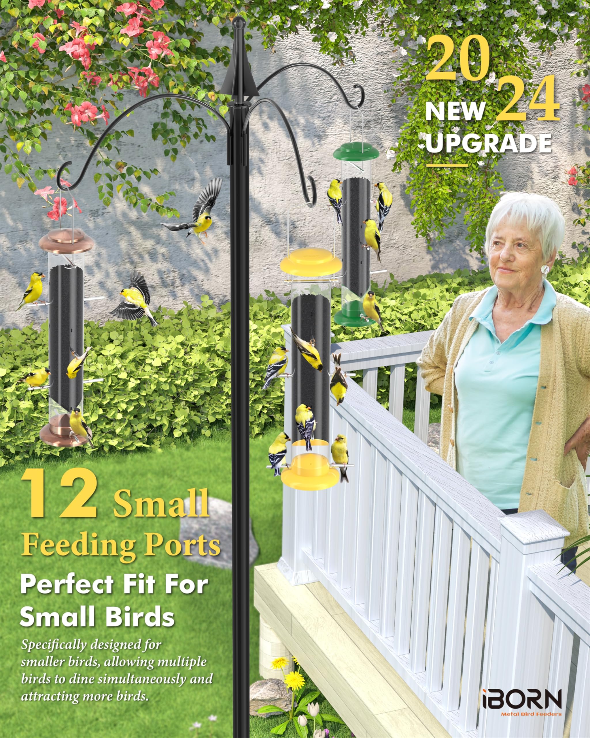 iBorn Nyjer & Thistle Bird Feeder for Outdoors Hanging，Finch Feeders for Outside，Metal Tube Bird Feeder 14 Inch with 12 Small Ports,8 Metal Perches,Yellow