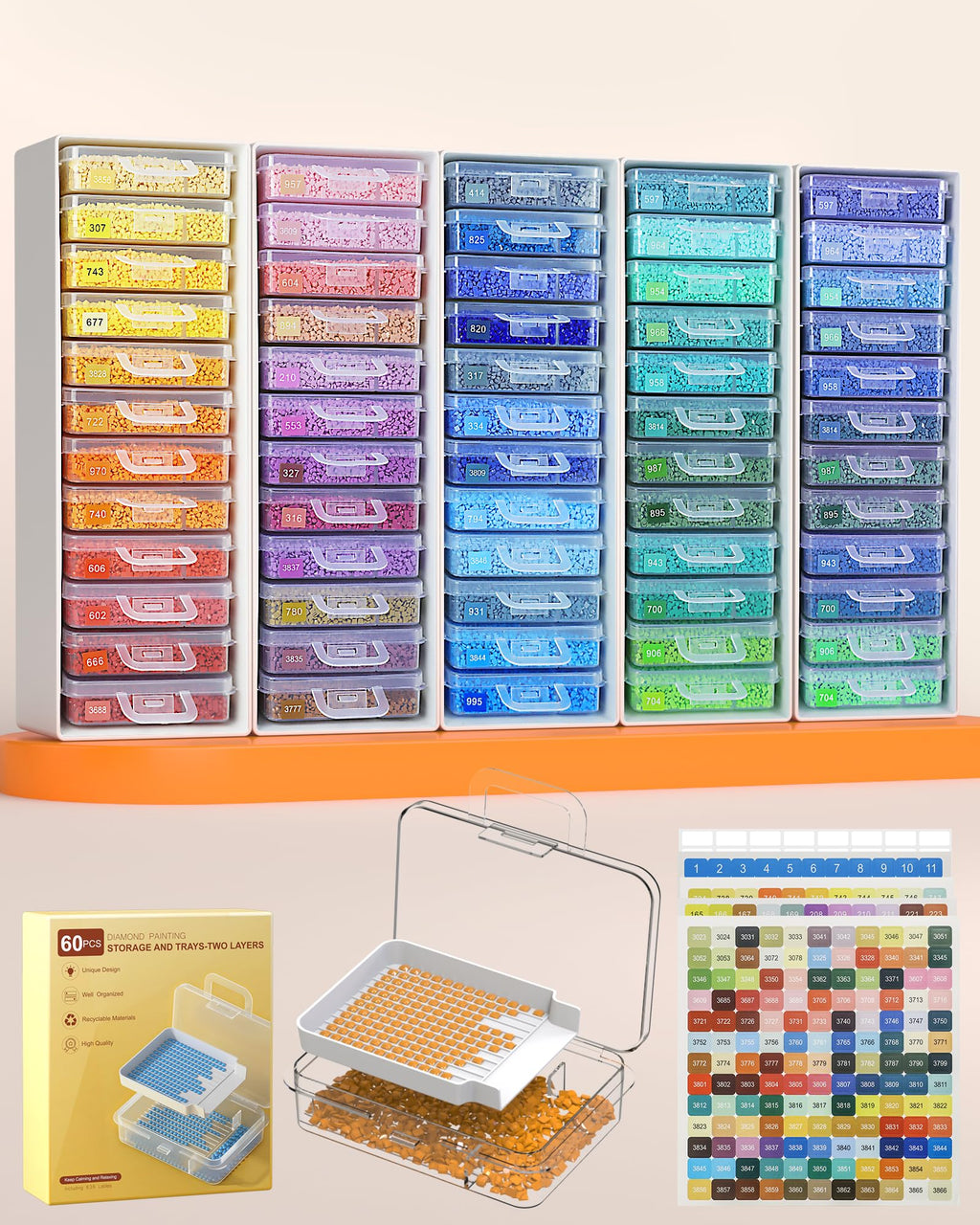 Redtwo 60pcs Diamond Painting Storage Containers Trays with 2 Layers, 3-in-1 Diamond Painting Trays with Lids, Diamond Art Accessories, Rhinestone Soter, Bead Storage & Line-Up