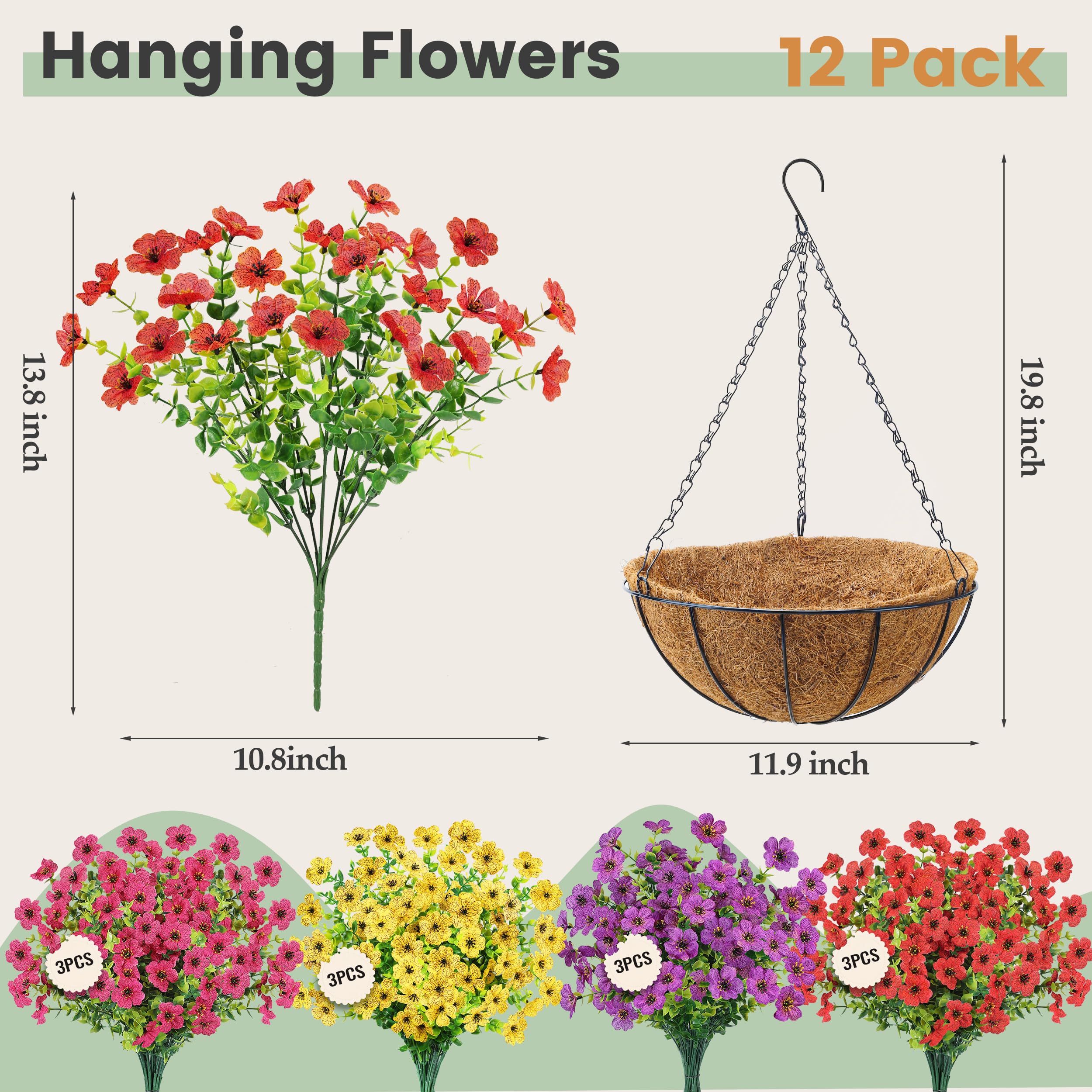 Der Rose Artificial Hanging Flowers Basket for Outdoors Fake Hanging Plants Spring Summer Decoration UV Resistant for Garden Front Porch Patio Balcony Decor