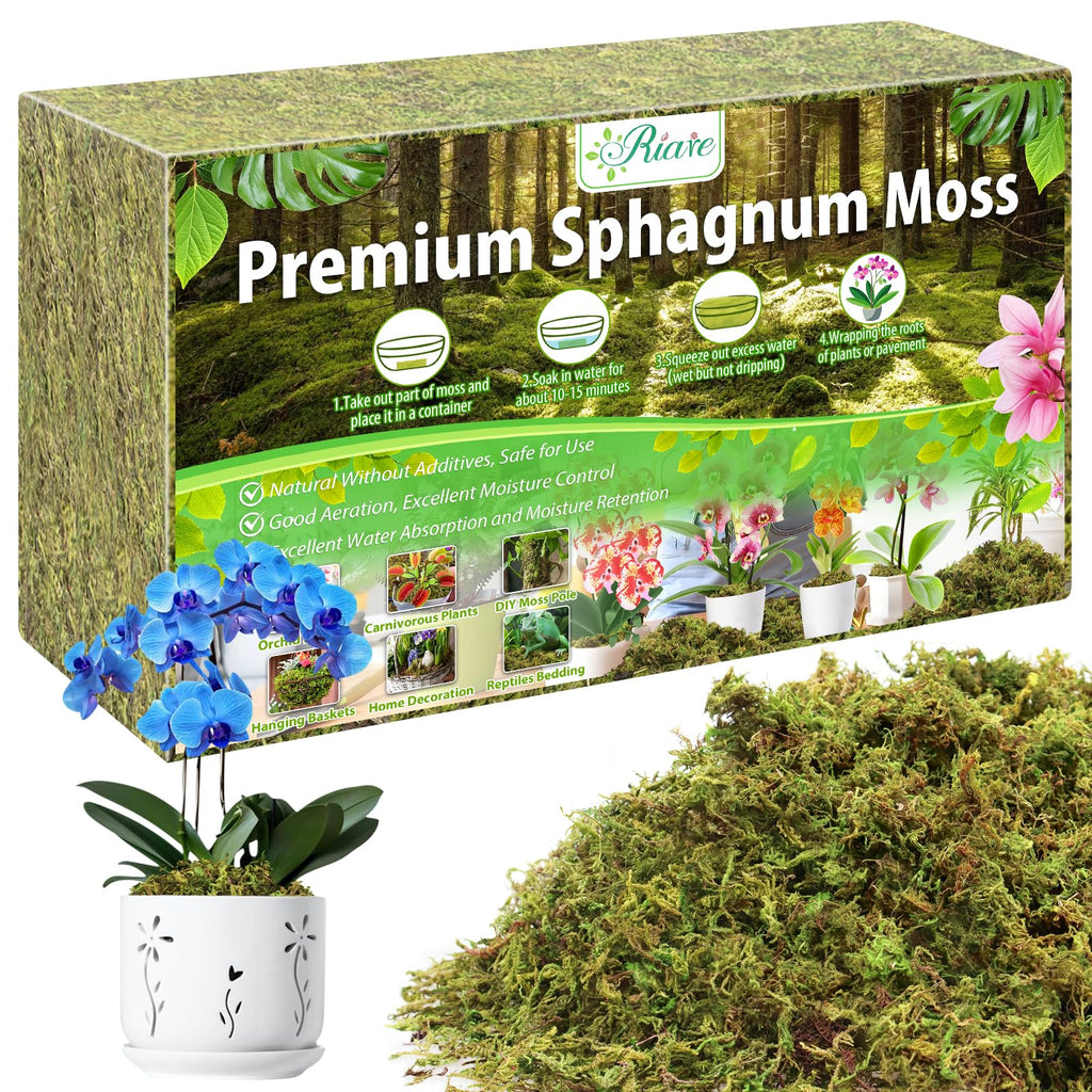 Riare 1.3LBS Premium Sphagnum Moss for Plants- 25QT Natural Dried Plant Moss for Potted Plants, Orchid Moss for Repotting, Soft Green Decorative Moss for Succulents, Reptiles & DIY Crafts