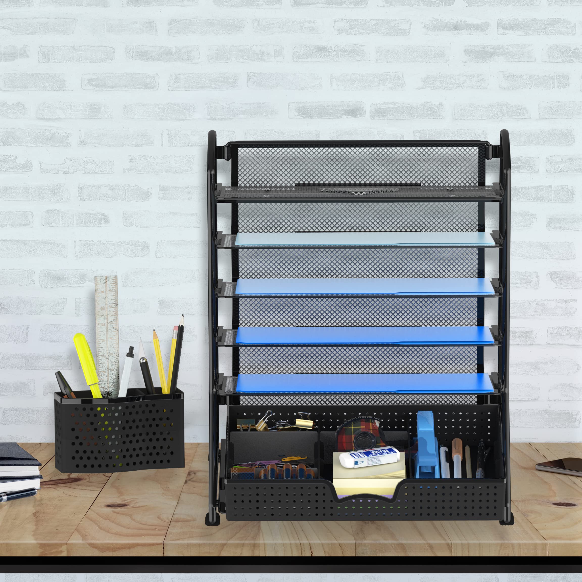 Simple Houseware 6 Trays Desk Document File Tray Organizer with Sliding Drawer, Black