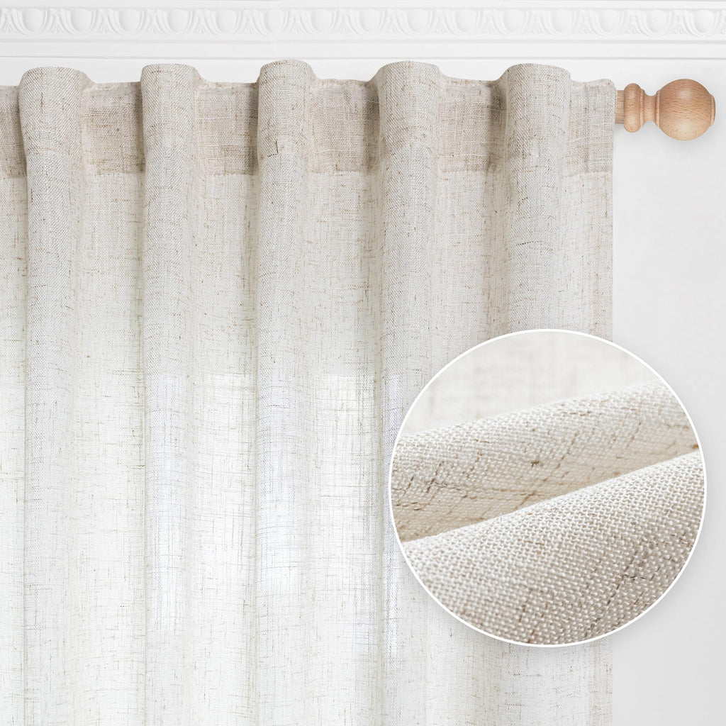 MYSKY HOME Linen Curtains for Living Room, Natural Semi Sheer Curtains & Drapes 84 Inches Length 2 Panels Set Farmhouse Country Boho Style Back Tab Draperies for Sliding Glass Door, 50" Wide, Linen