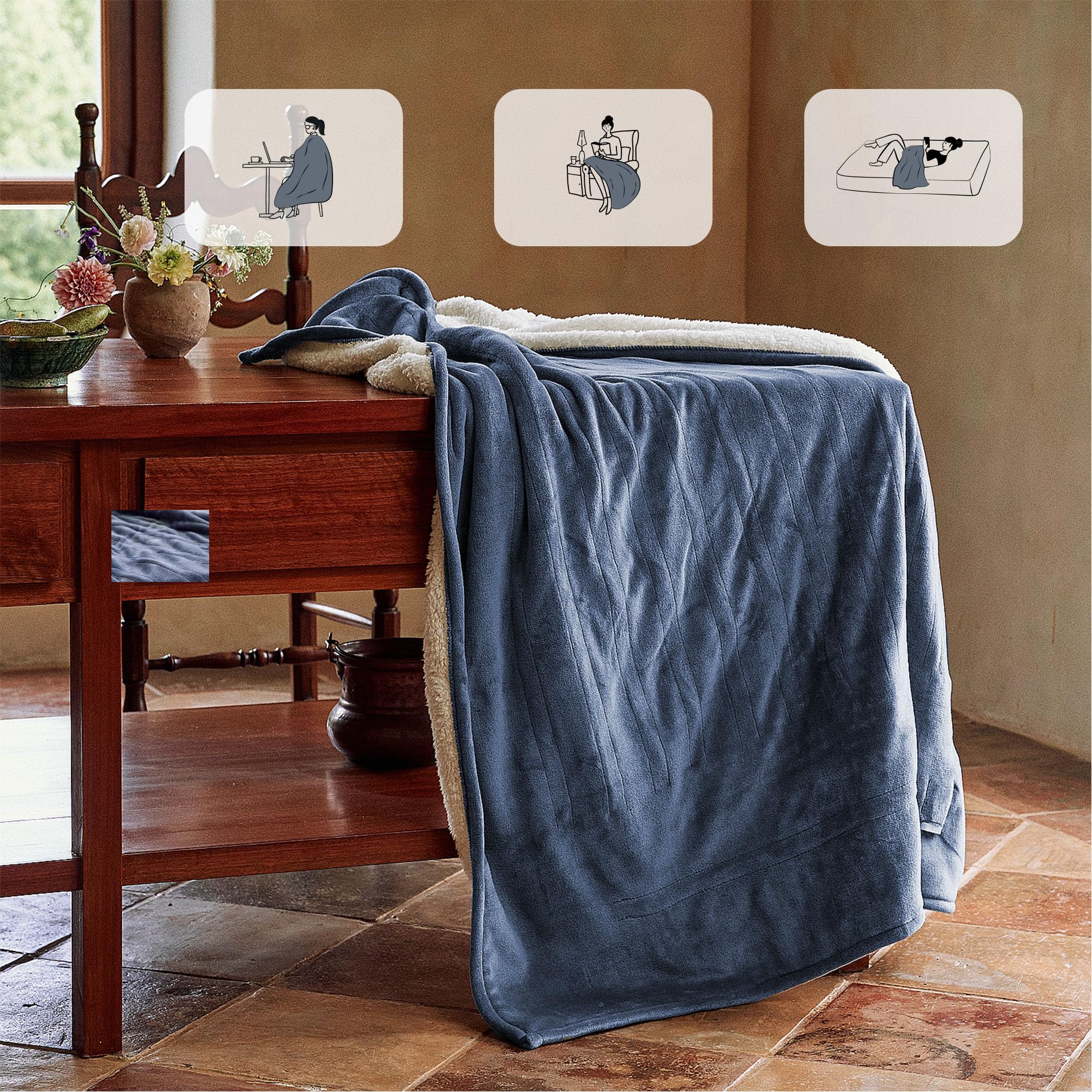 SOGANASA Heated Blanket Throw 50"x60" - Machine Washable Electric Throw Blanket Office Heated Throw Blanket with ETL & FCC Certification 5 Heating Levels 3 Hour Auto-Off Overheat Protection(Blue)