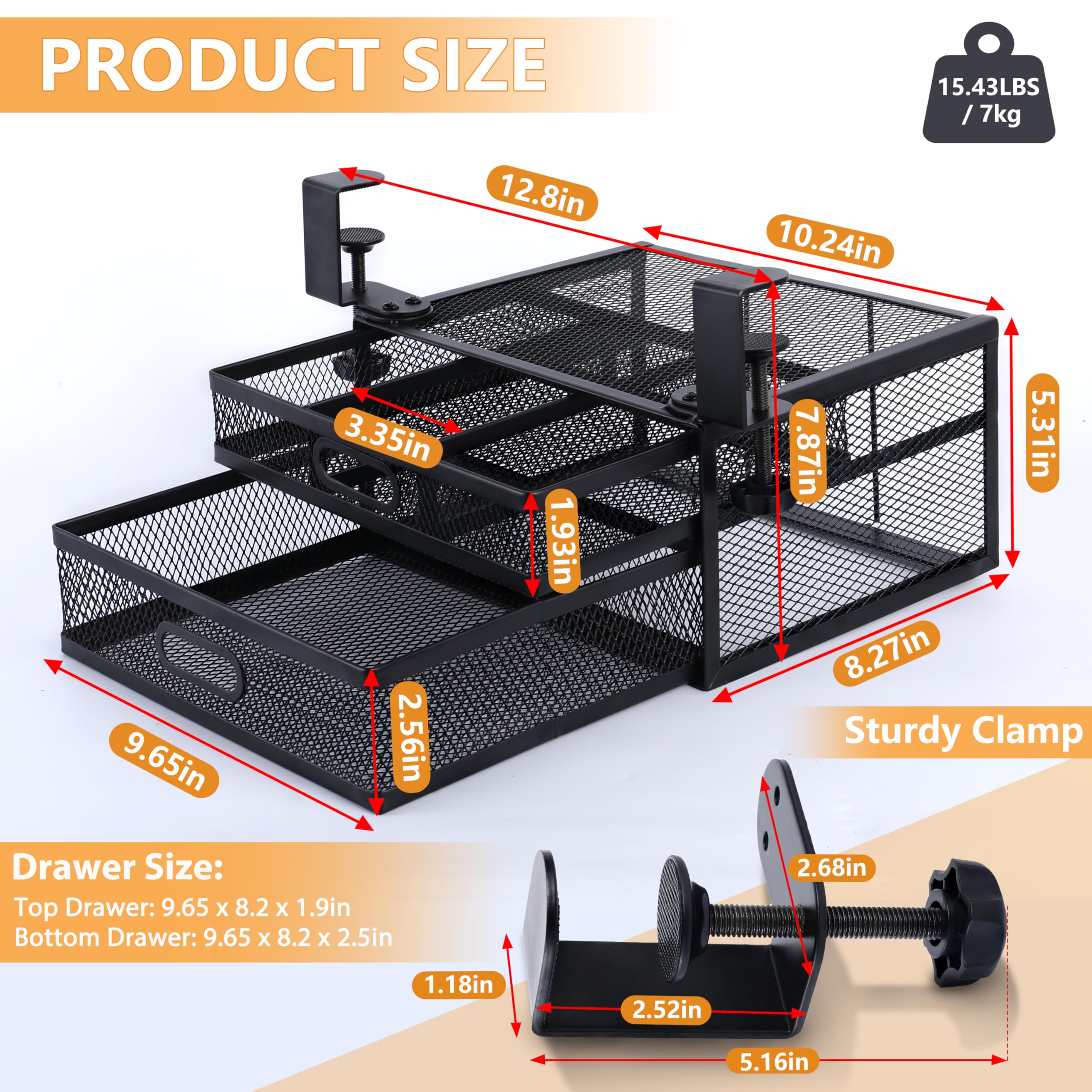 ROLIZOE Under Desk Drawer Organizer Clamp On with 2 Drawers Slide Out No Drilling Mesh Metal Drawer On Desktop Or Under Desk Storage Easy Install Anti-Slip Under Shelf Storage for Home & Office