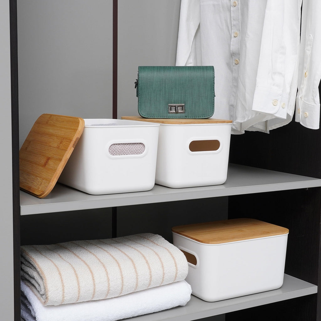 Citylife Closet Organizers and Storage - 4PCS Plastic Storage Bins with Bamboo lids, Stackable Storage Containers for Organizing, Bundled with Labels and Marker 10.24 x 7.01 x 6.1 inch