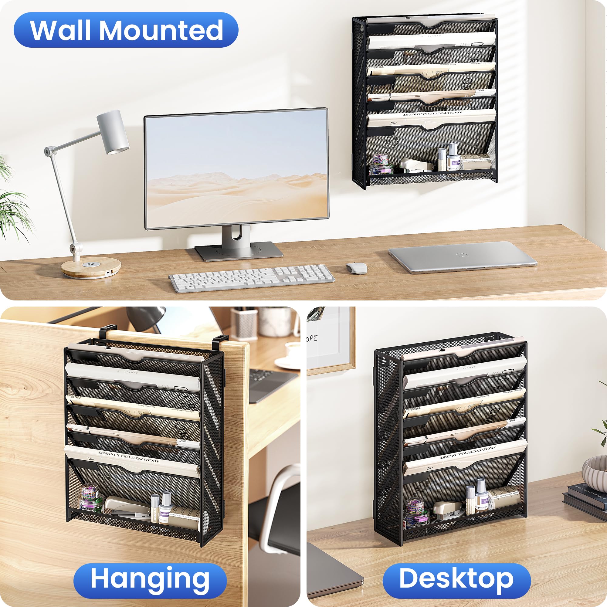 SUBEKYU File Organiser, 6-Tier A4 Wall Mounted Magazine File Holder for Mails Folders Papers, Vertical Document Organiser for Office Home - Black