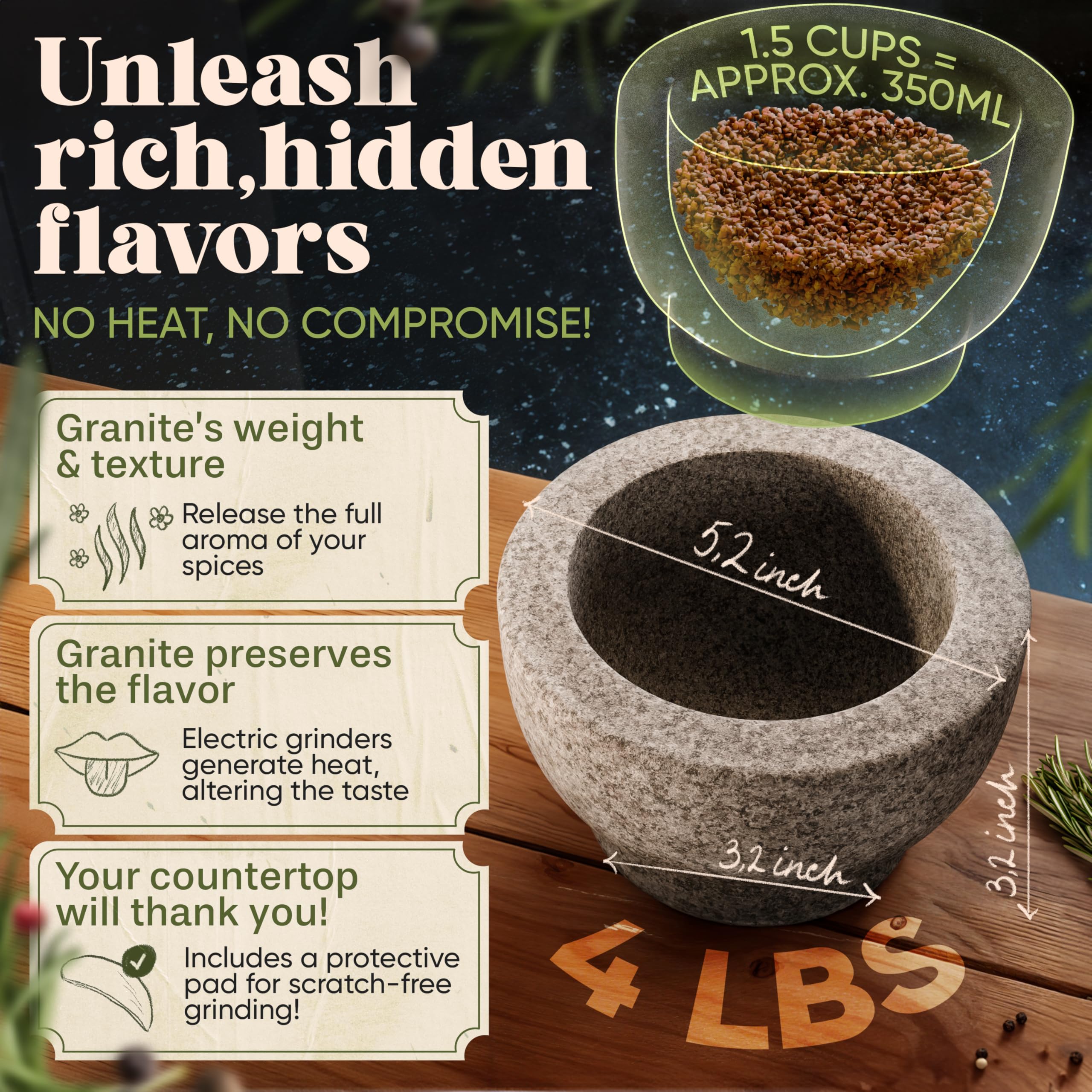 ChefSofi 1.5 Cup-Capacity Mortar and Pestle Set - Unpolished Heavy Granite for Enhanced Performance and Organic Appearance Gray 1.5-Cups