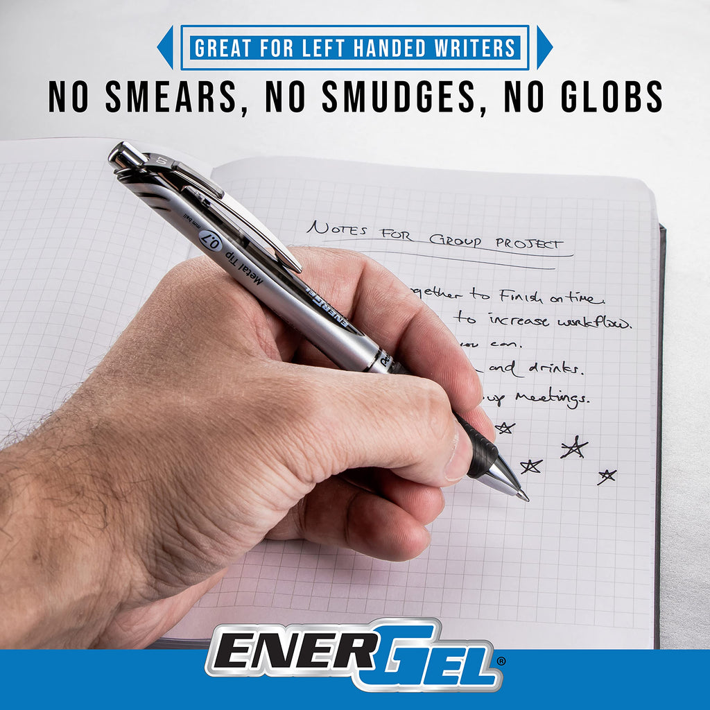 Pentel EnerGel Deluxe RTX Gel Pens, 0.7 mm Metal Tip, Black/Silver Barrel, Black Ink, 12 Each (BL77-A)