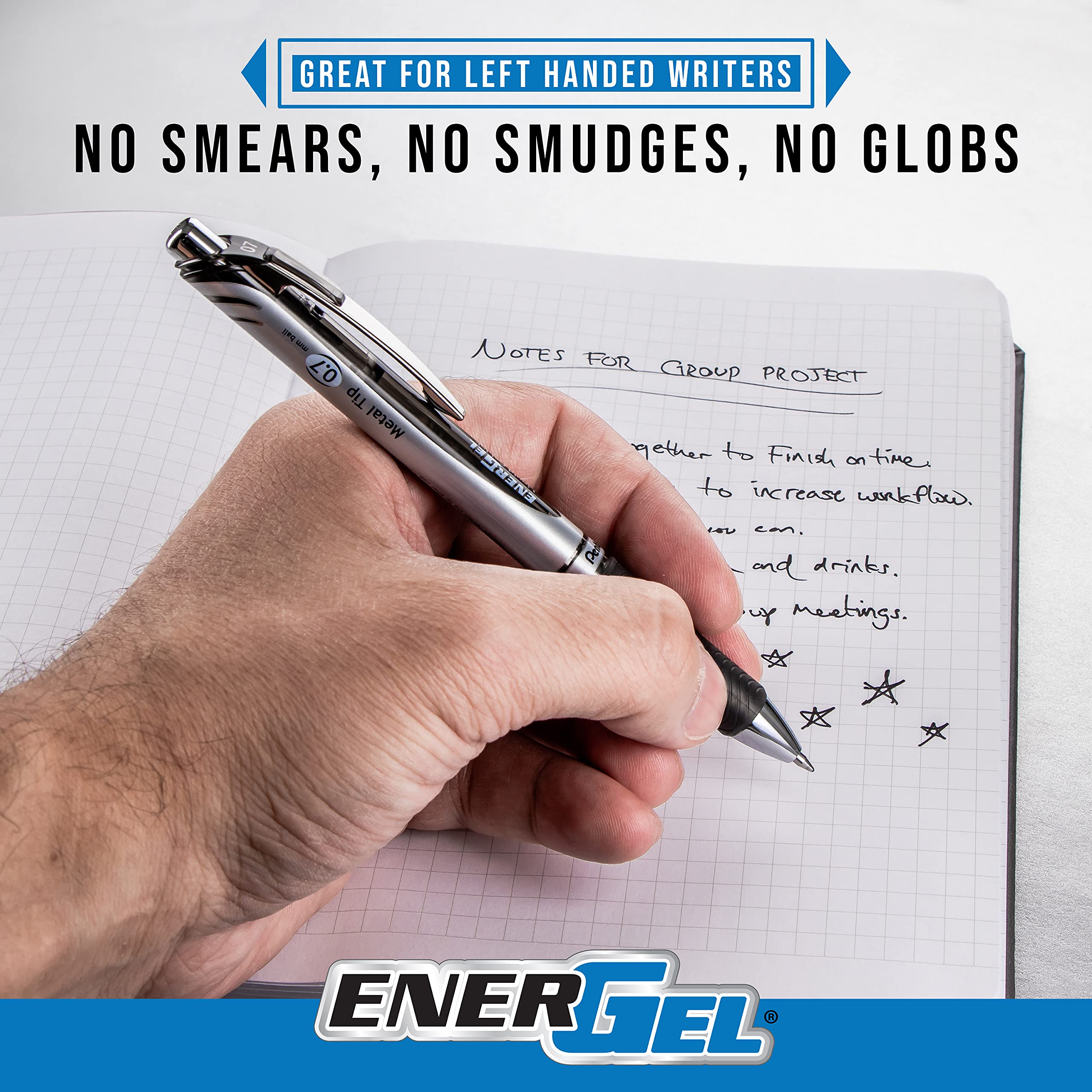 Pentel EnerGel Deluxe RTX Gel Pens, 0.7 mm Metal Tip, Black/Silver Barrel, Black Ink, 12 Each (BL77-A)