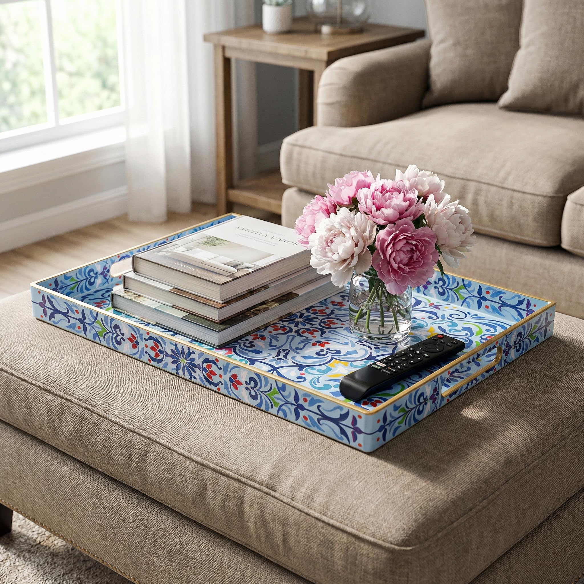 Hiceeden Set of 2 Boho Floral Serving Tray with Handles, 15.7" x 11.8" Decorative Plastic Ottoman Tray, Modern Large Coffee Table Server for Living Room, Bathroom, Rectangle, Blue