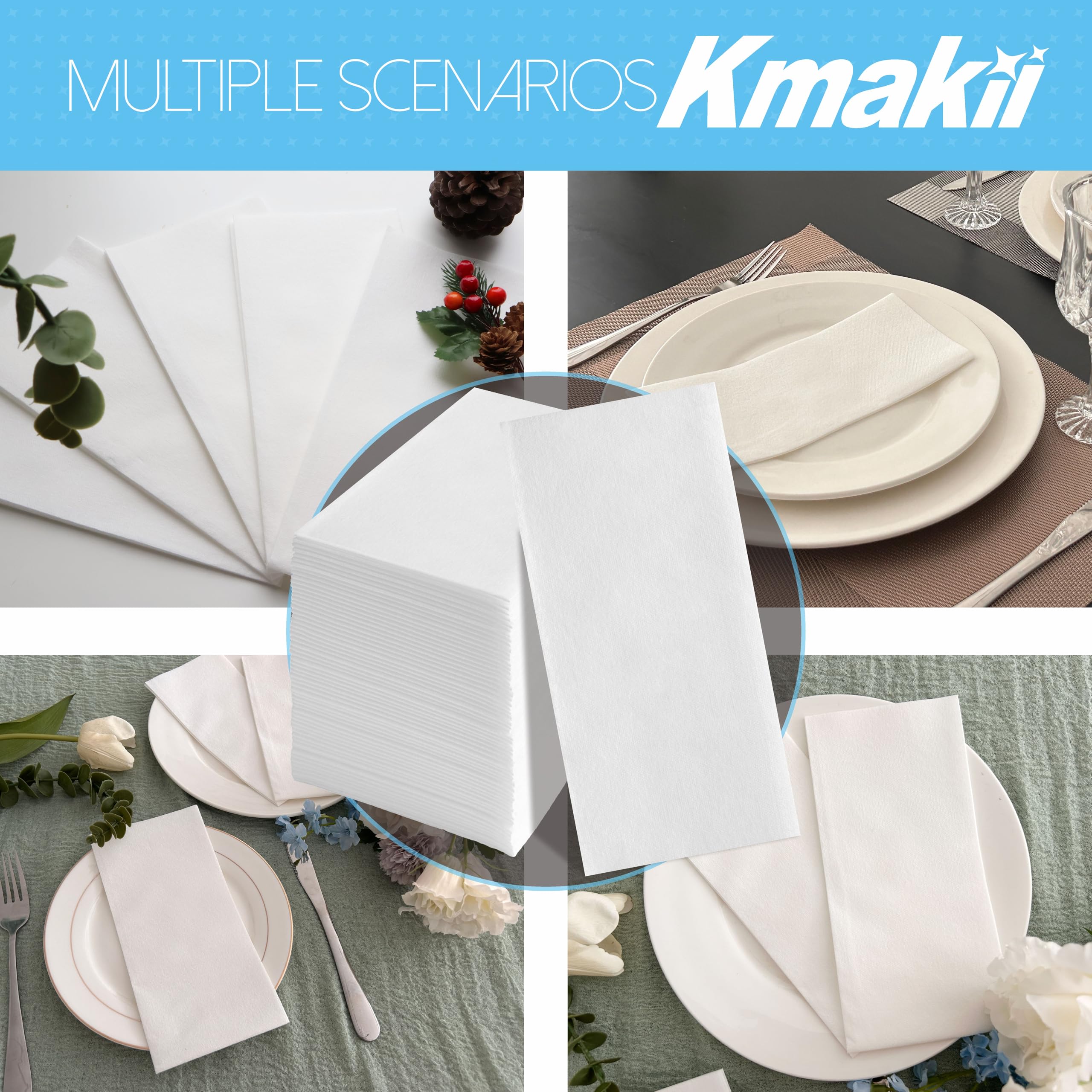 KMAKII [100 Pack] Disposable Cloth Like Napkins Linen-Feel Guest Towels White Paper Hand Towels Hand Napkins for Bathroom,Weddings, Parties,Dinners Size 12 X 17 Inches