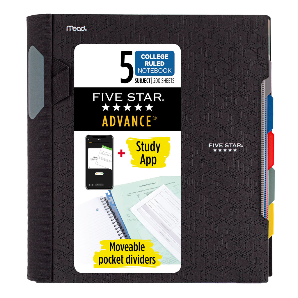 Five Star Advance Spiral Notebook-Standard Size, 5 Subject, College Ruled, 8.5 x 11 Inch Sheet Size, Black (73144)