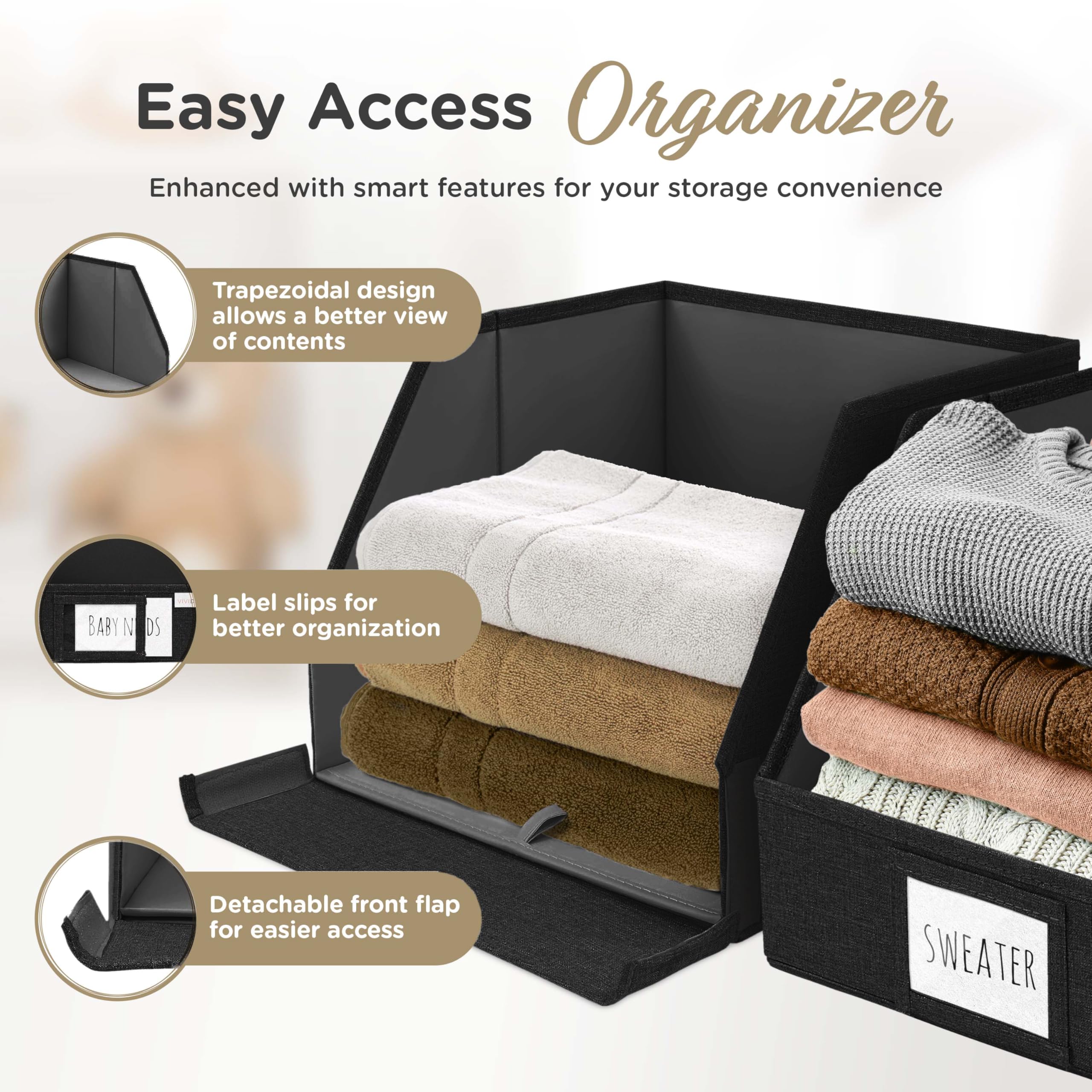 VIVIDECOR Trapezoid Closet Bins for Shelves – 12x12x10 Fabric Storage Baskets, Collapsible Organizer Boxes for Bedroom, Jeans, Sweaters– Black, 3 Pack