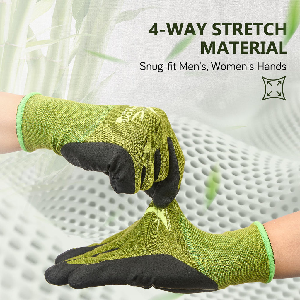 COOLJOB 2 Pairs Bamboo Gardening Work Gloves for Women and Men, Breathable Rubber Coated with Touch Screen, Non Slip Grip for Workers, Gardeners, Drivers, Green, Small