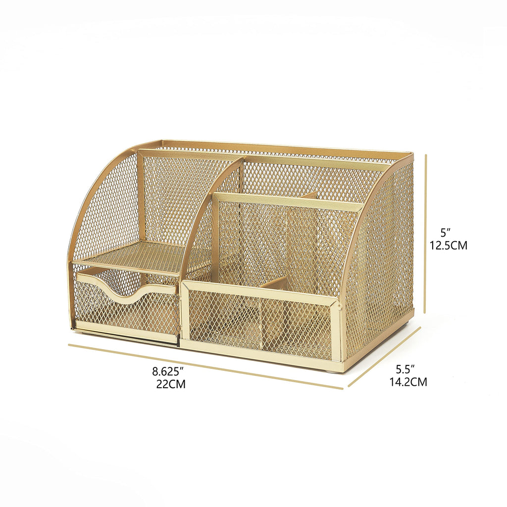 Annova Mesh Desk Organizer Office with 7 Compartments + Drawer/Desk Tidy Candy/Pen Holder/Multifunctional Organizer (gold)
