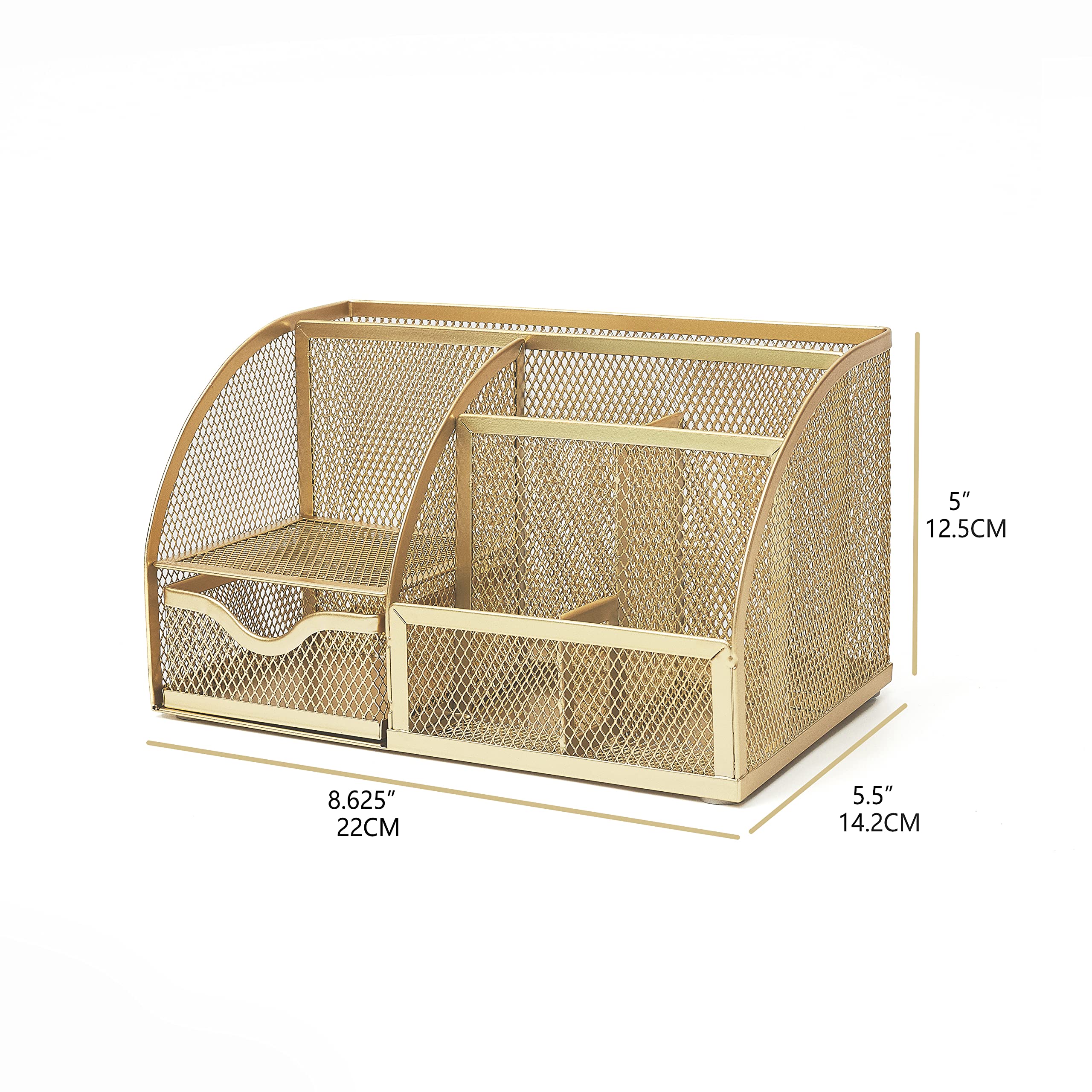 Annova Mesh Desk Organizer Office with 7 Compartments + Drawer/Desk Tidy Candy/Pen Holder/Multifunctional Organizer (gold)
