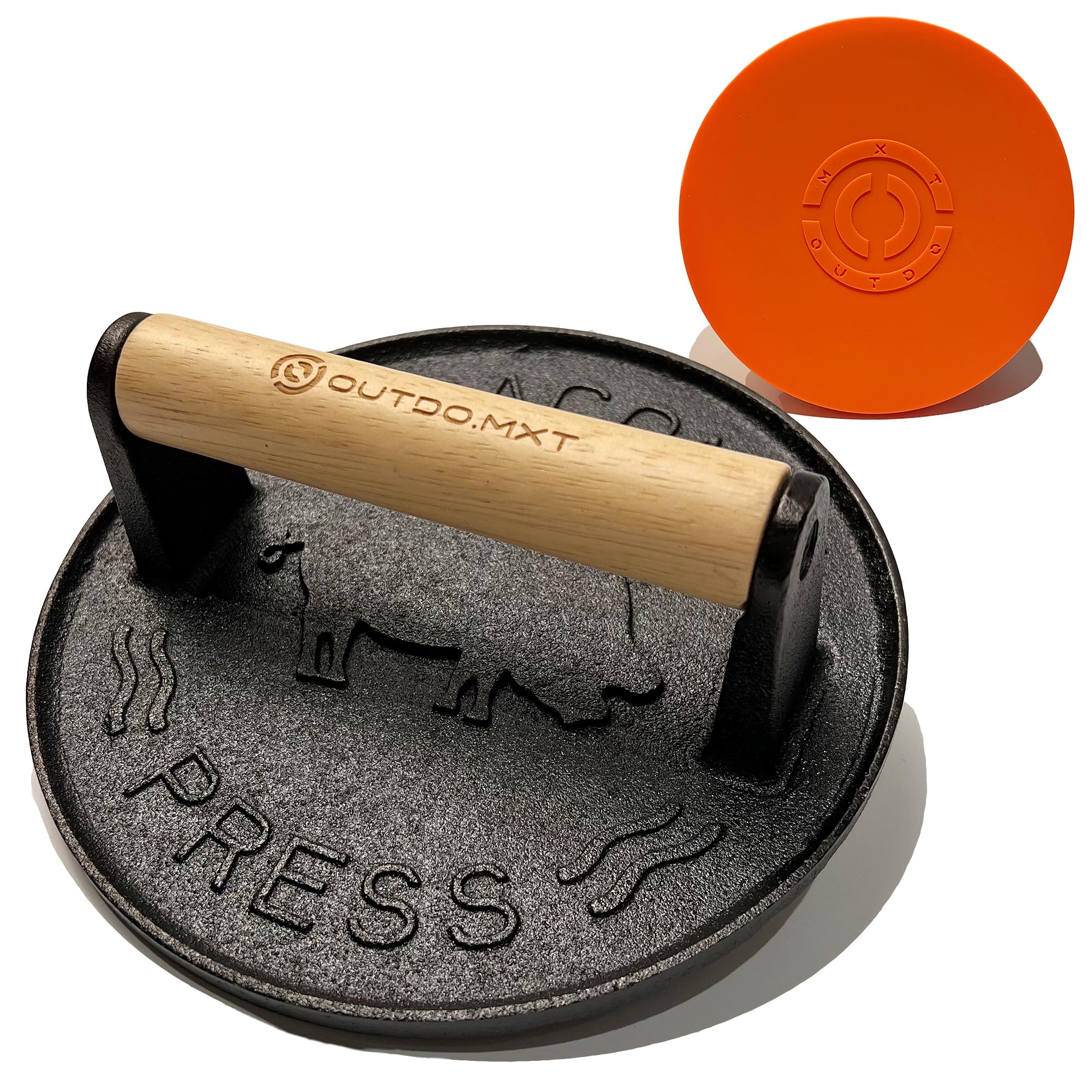 OUTDO.MXT Cast Iron 7" Smash Burger Press,Heavy Duty 2.5lb Burger Smasher with Wood Handle and Silicone Protective Cover for Griddle,Grill Press for Hamburger, Bacon, Steak, Barbecue Grilling Tool