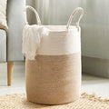 Kodomoore Laundry Basket Hamper – Woven Cotton Rope Nursery Hamper for Clothes, Blankets, Yoga Mat – Boho Basket for Living Room – 15”D x 18”H – White & Beige Brown