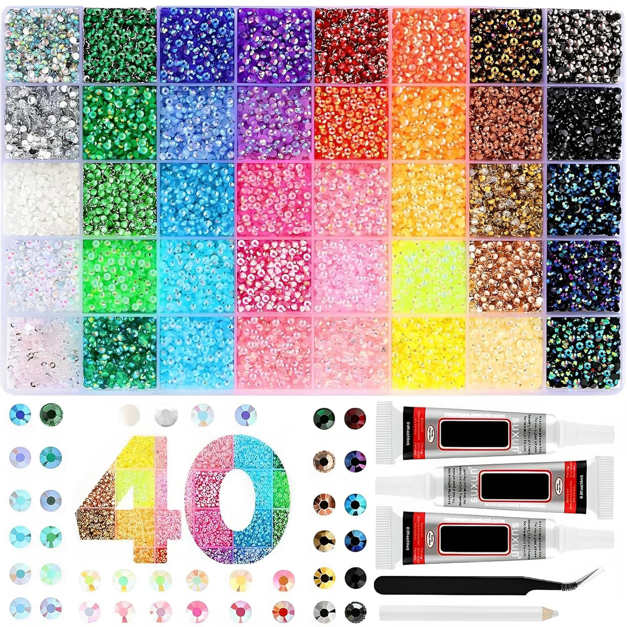 40 Colors Bedazzling Kit, 32000PCS 3mm Flatback Rhinestones for Bedazzling, Resin Rhinestone Kit with Glue of Diamond Jewelry, Bling Gems for Crafts, Nails, Clothing, Shoes, DIY Decoration