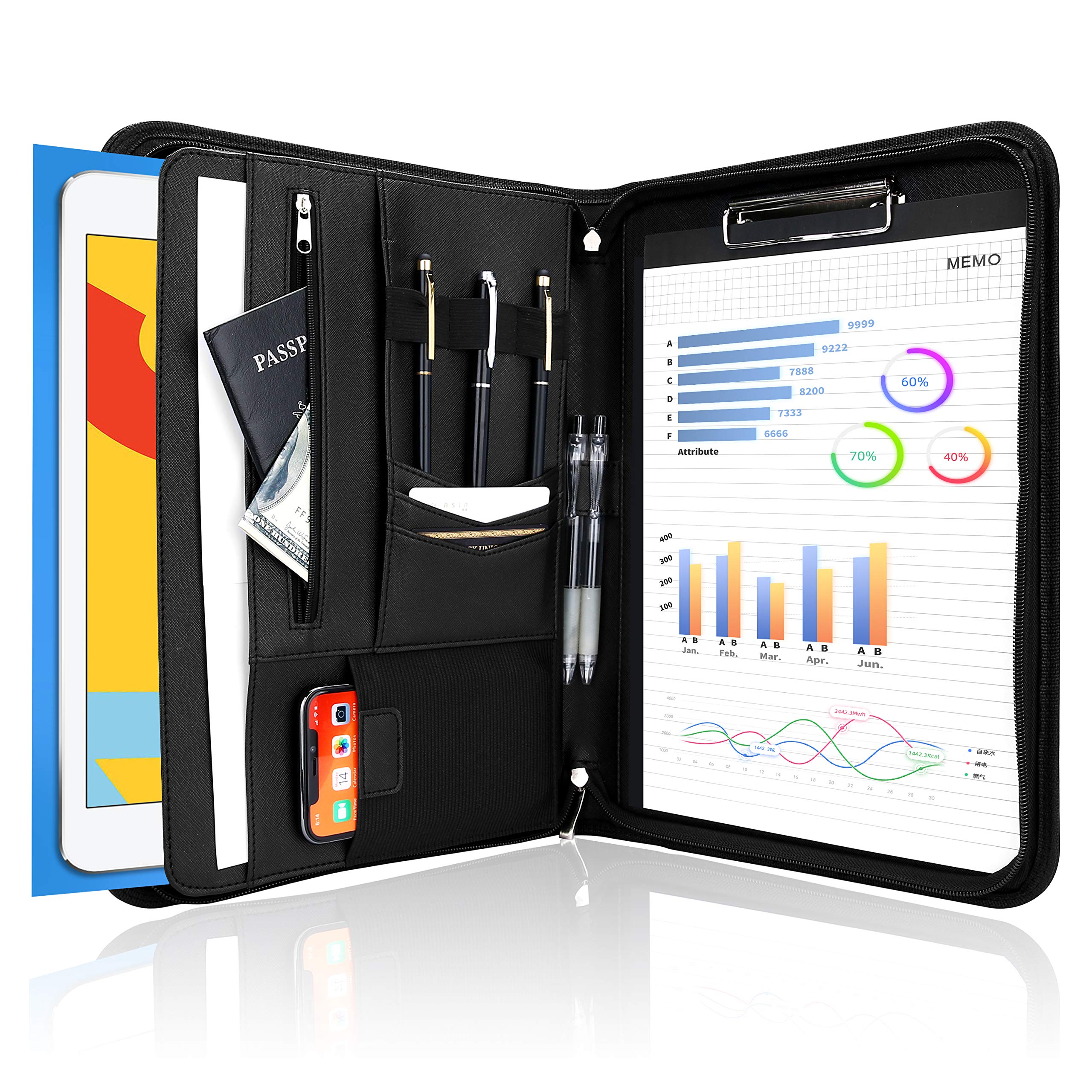 ProCase Portfolio Business Padfolio Folder with Zipper, Conference Meeting Executive File Legal Document Organizer with Pockets Letter Size A4 Writing Pad Notepad Padfolio -Black