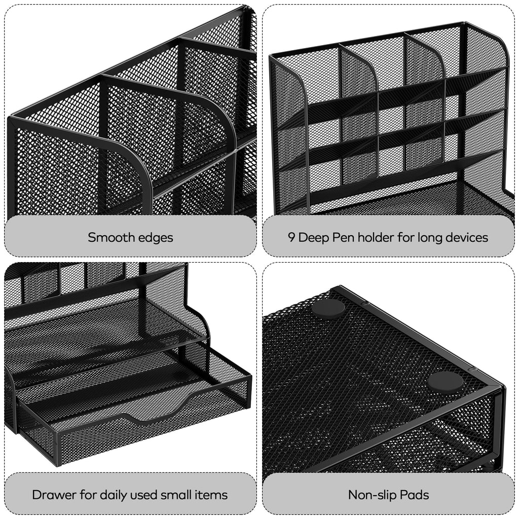 Auvo APH02 Multi-Functional Pen Pencil Holder, Desk Organizer with Drawer, Office & Art Supplies Storage，Large Size (Black)