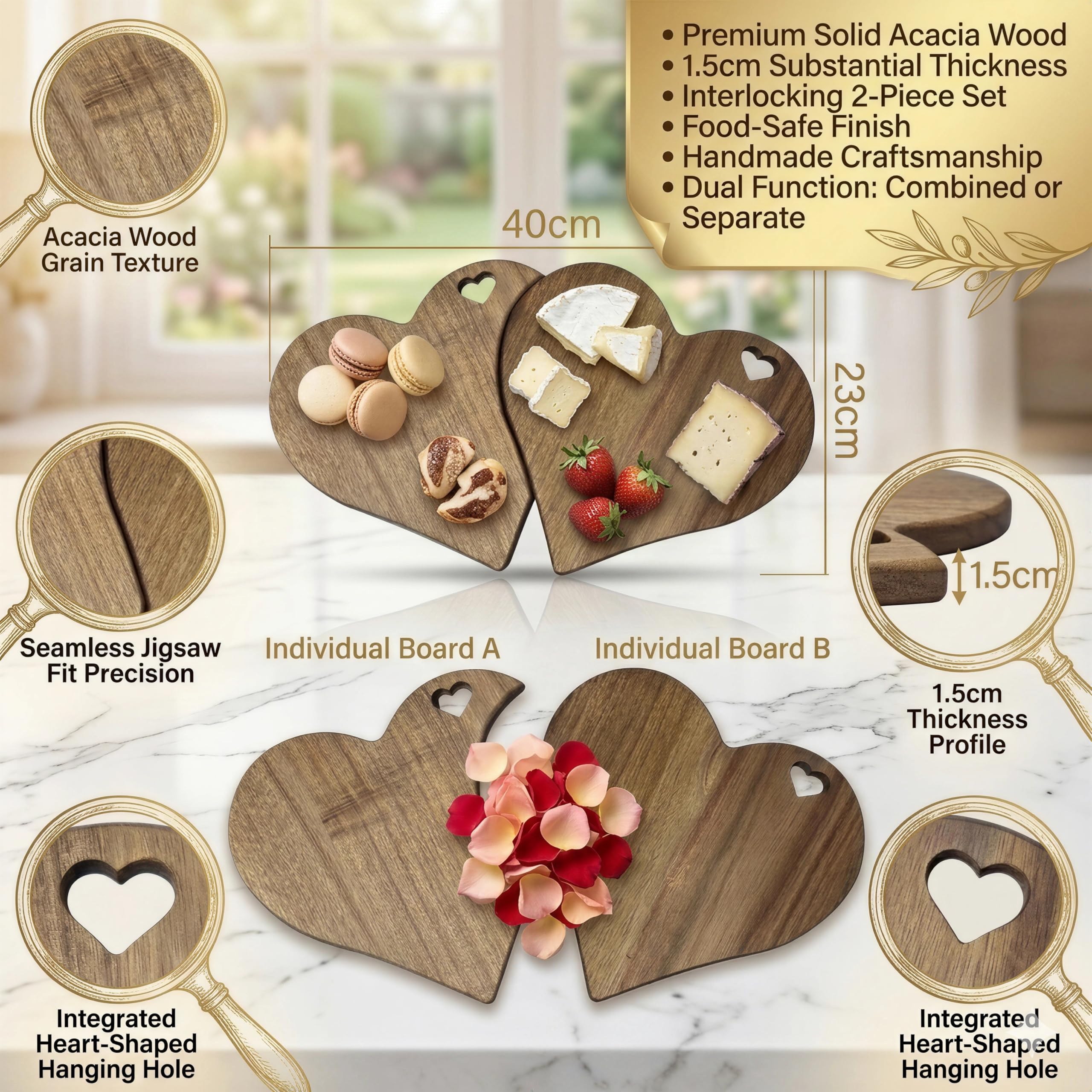 2-Piece Heart Charcuterie Board Set, 40cm Puzzle-Fit Acacia Wood Cheese Board, Romantic Wedding & Anniversary Idea Gifts for Couples, Two Halves of One Heart Date Night Serving Tray