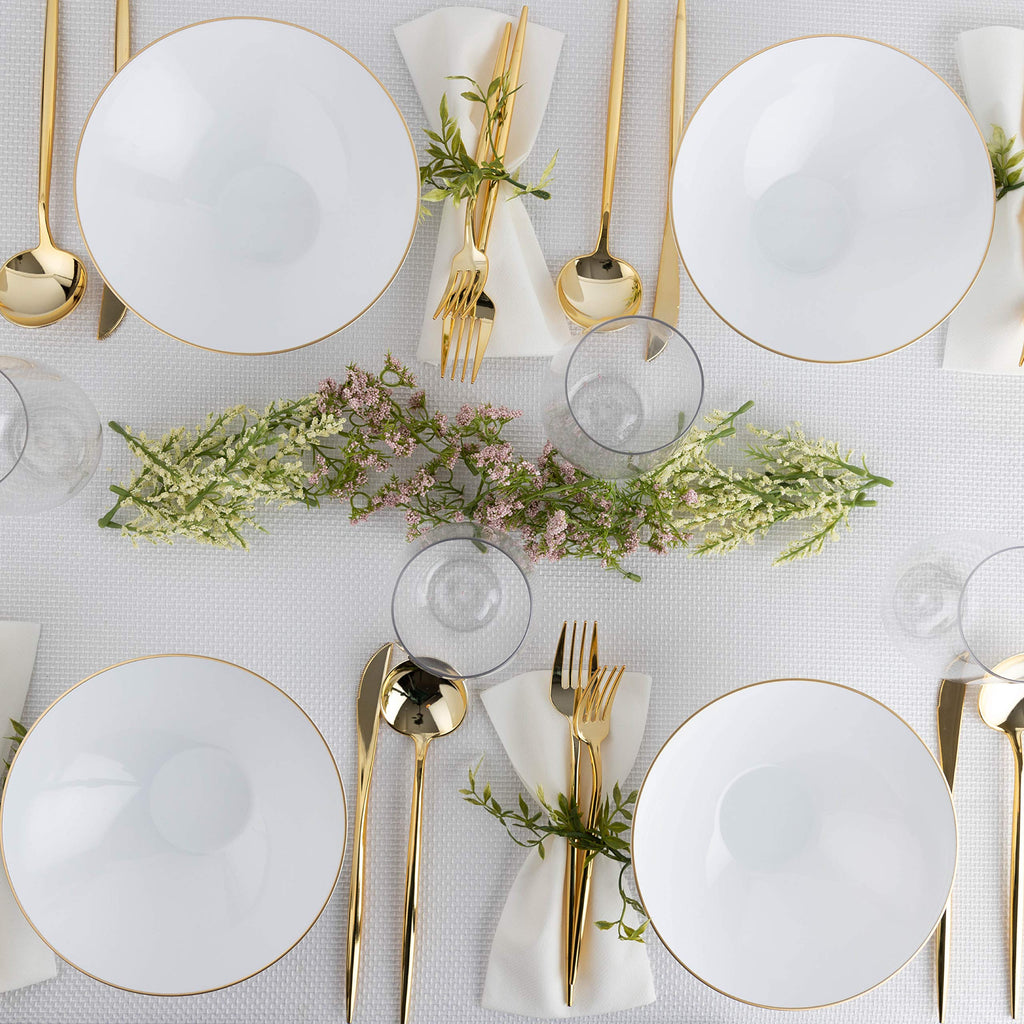 [16 OZ 40 Count] White Plastic Floral Design Party Soup bowls With Gold Rim Premium heavyweight Elegant Disposable Tableware Dishes