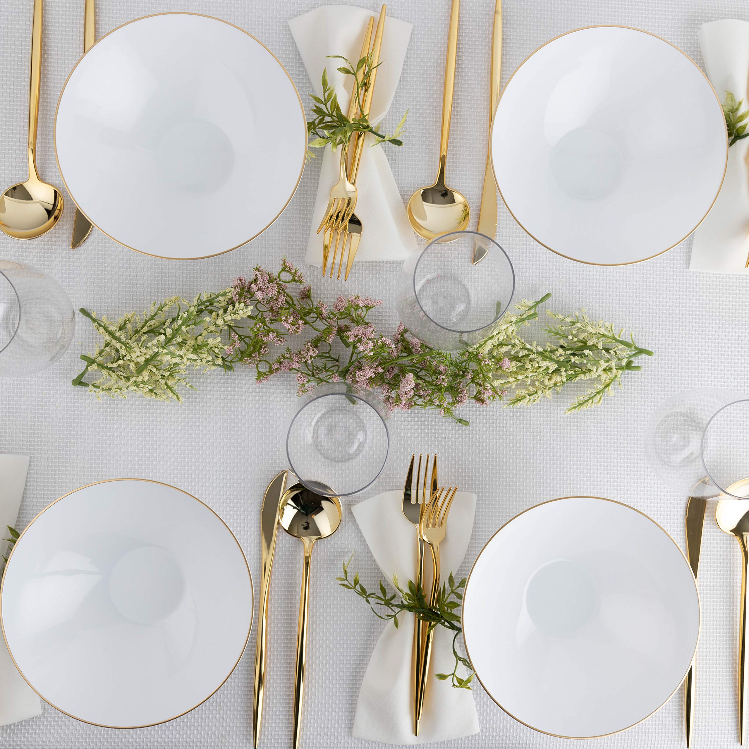 [16 OZ 40 Count] White Plastic Floral Design Party Soup bowls With Gold Rim Premium heavyweight Elegant Disposable Tableware Dishes