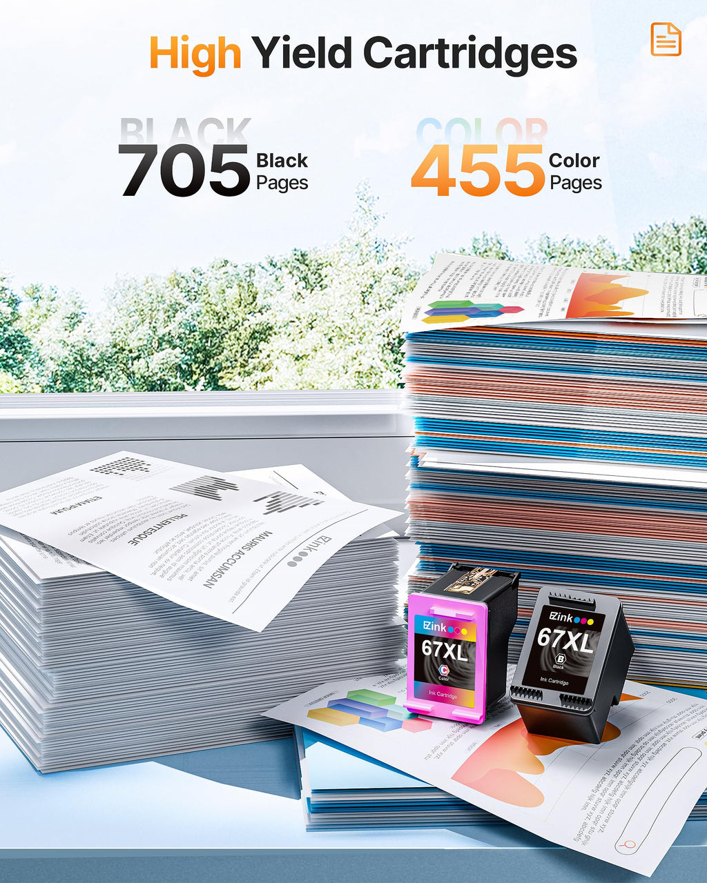 E-Z Ink 67 XL Ink Cartridges 67XL Cartouche Encre for HP 67 XL Printer Ink HP67XL Black and Color for Envy Pro 6455 6458 6475 Envy 6455e 6458e 6055 6055e 6052e Printer