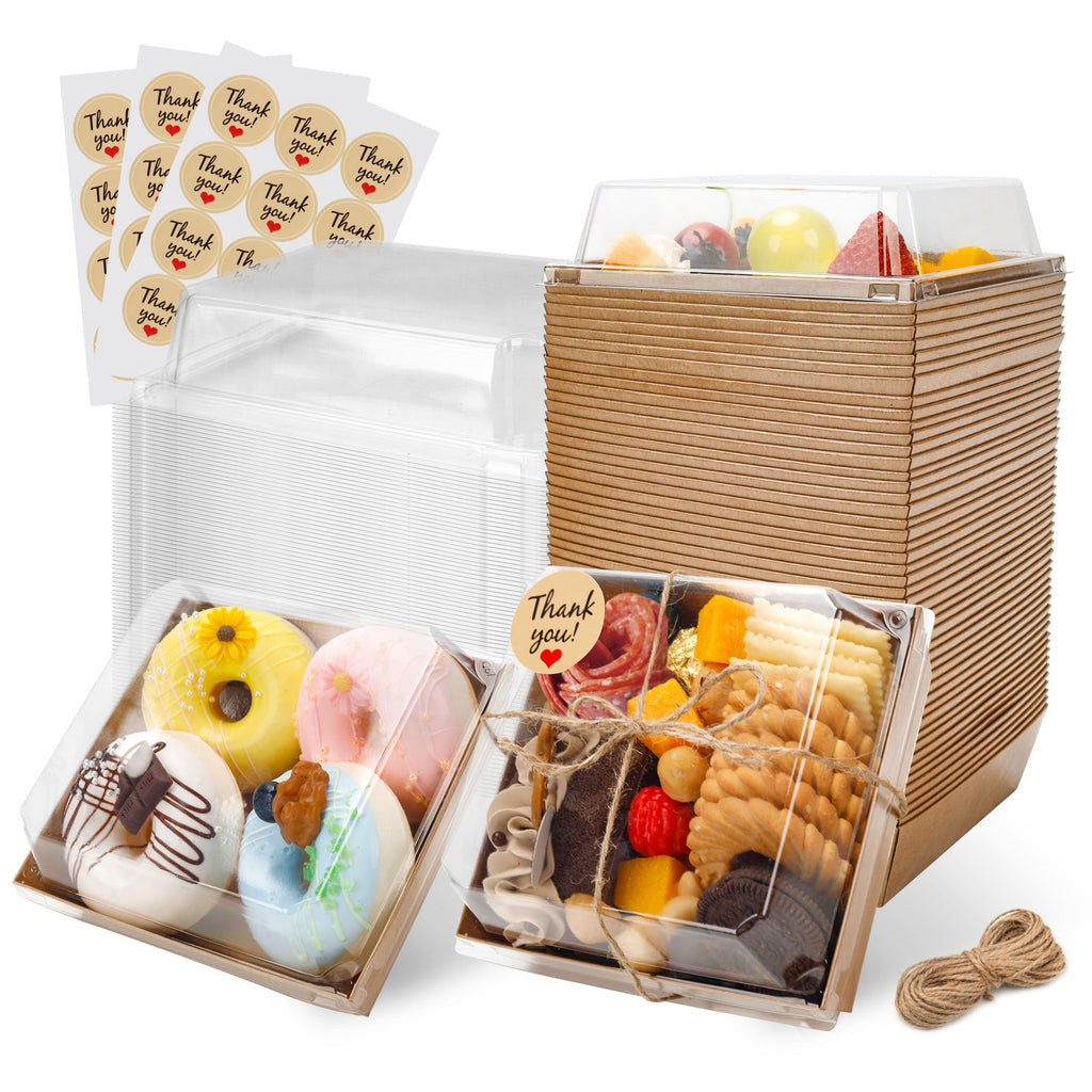 Charcuterie Boxes with Clear Lids Mini Bakery Boxes Disposable Treat Boxes to Go Small Food Containers for Dessert Cookie Sandwich Cake 5.3x4.9x2.5INCH(50 Pack, Brown)