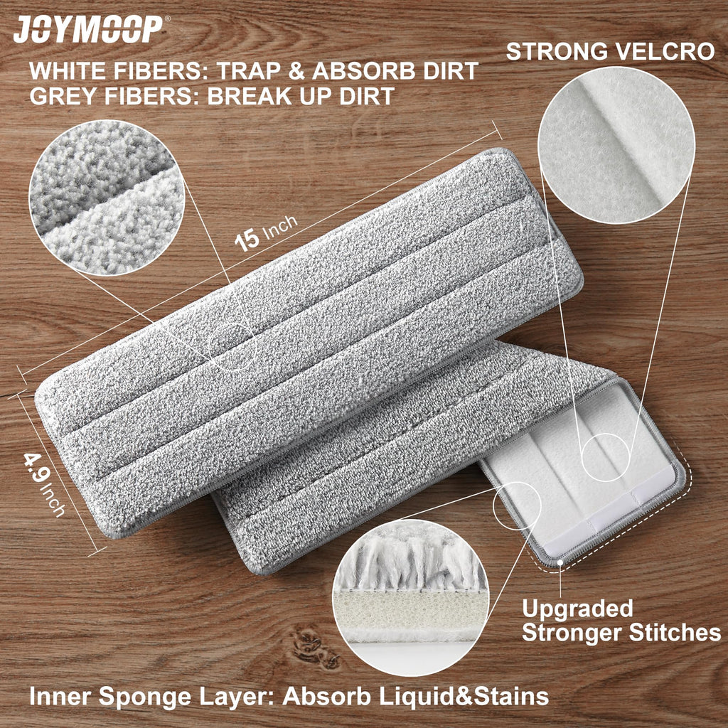 JOYMOOP Flat Mop Pads, Microfiber Mop Cleaning Pads, Washable Pads, Pads Replacement for Flat Mop or Mop Bucket Set, Pack of 4 Refills 15inch - Grey and Stripe