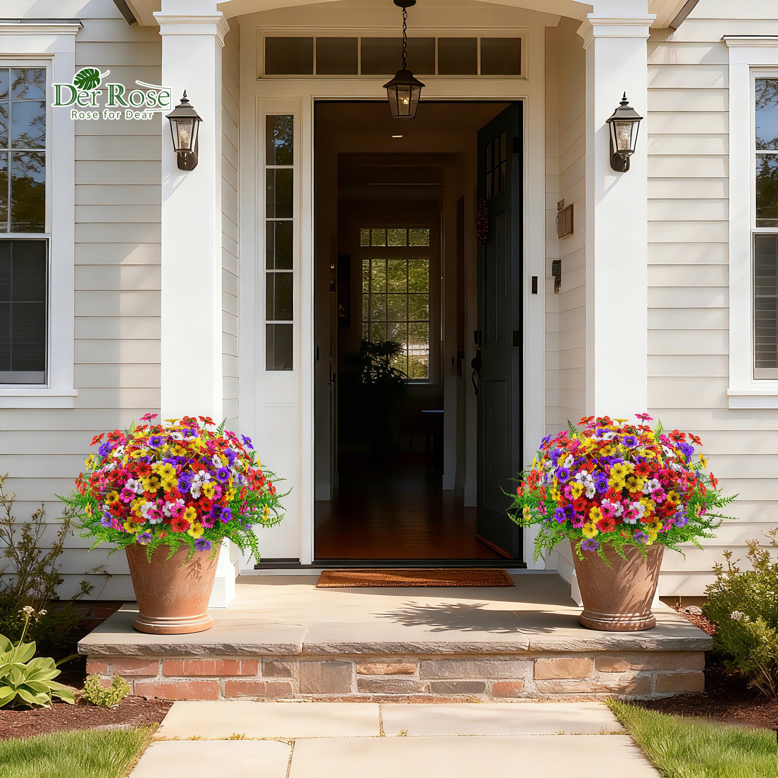 Der Rose 24 Bundles Artificial Flowers for Outdoors Decoration Faux Ferns Fake Flowers for Spring Summer Home Garden Patio Front Porch Decor