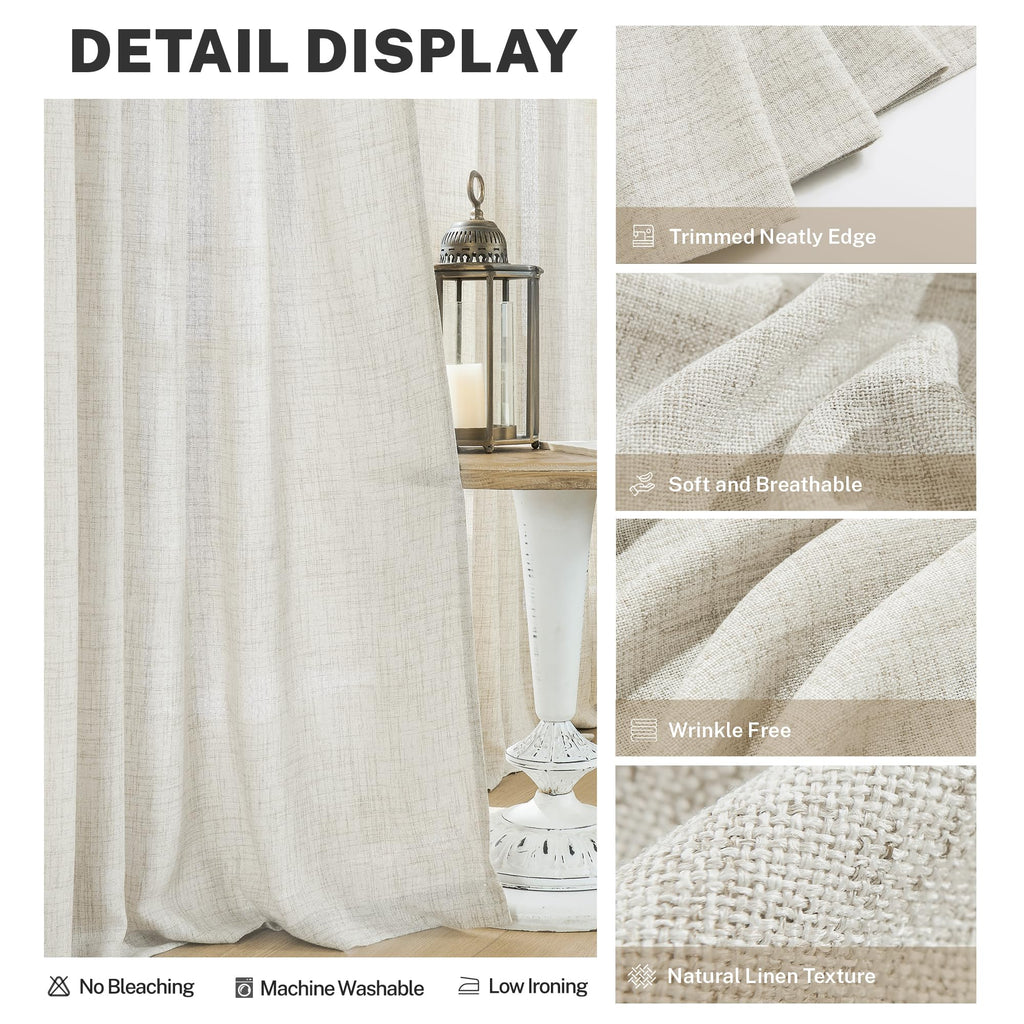 MEETBILY Curtains Panels for Back Tab Semi Sheer, Linen Textured Drapes Rod Pocket, Flax Curtains for Farmhouse/Bedroom/Living Room/Window (2-Pack, 50 x 90 inch, Natural)