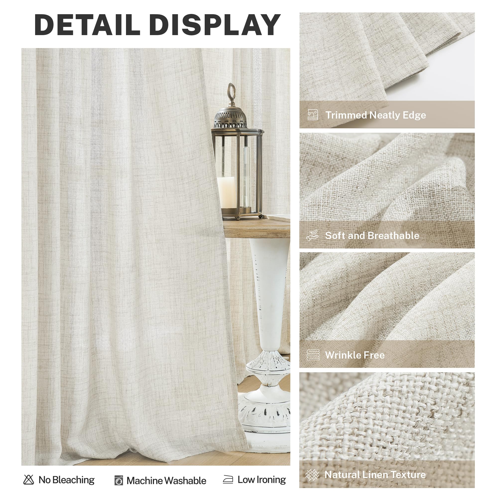 MEETBILY Curtains Panels for Back Tab Semi Sheer, Linen Textured Drapes Rod Pocket, Flax Curtains for Farmhouse/Bedroom/Living Room/Window (2-Pack, 50 x 90 inch, Natural)