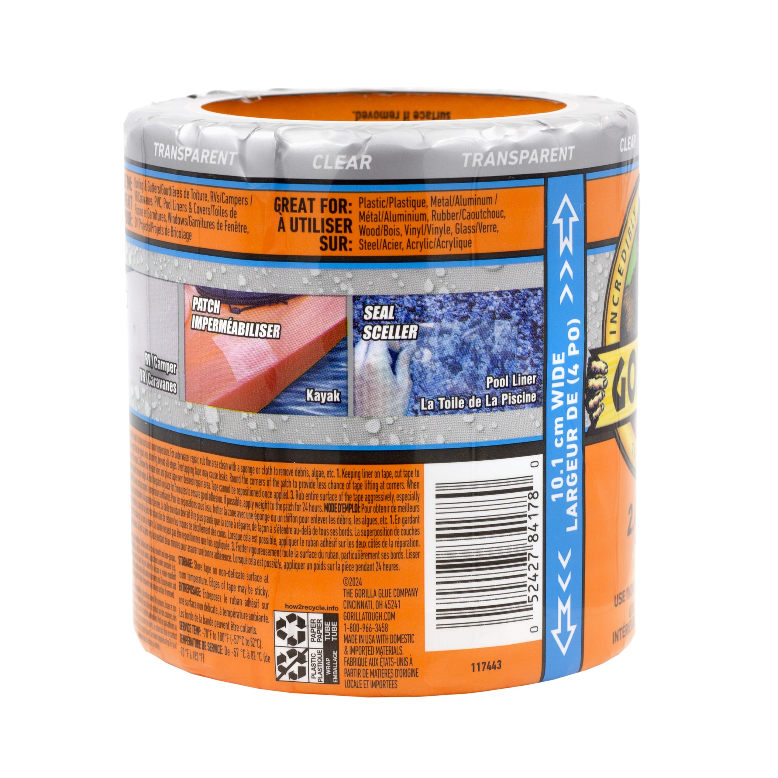 Gorilla Waterproof Patch & Seal Tape, Heavy-Duty, Instantly Seals, Works Underwater, Indoor/Outdoor, Flexible Permanent Bond, 4 in x 8 ft, Clear, 1 Pack