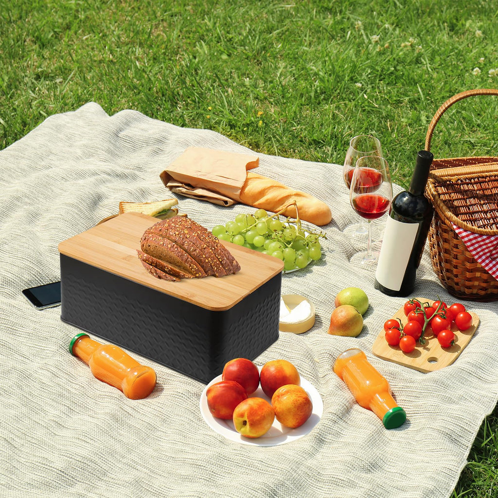 Pitmoly Bread Box, Metal Bread Container with Bamboo Lid, Bread Storage Container for Kitchen Countertop, Large Modern Bread Bin 13" x 7" x 5.3" (Black)