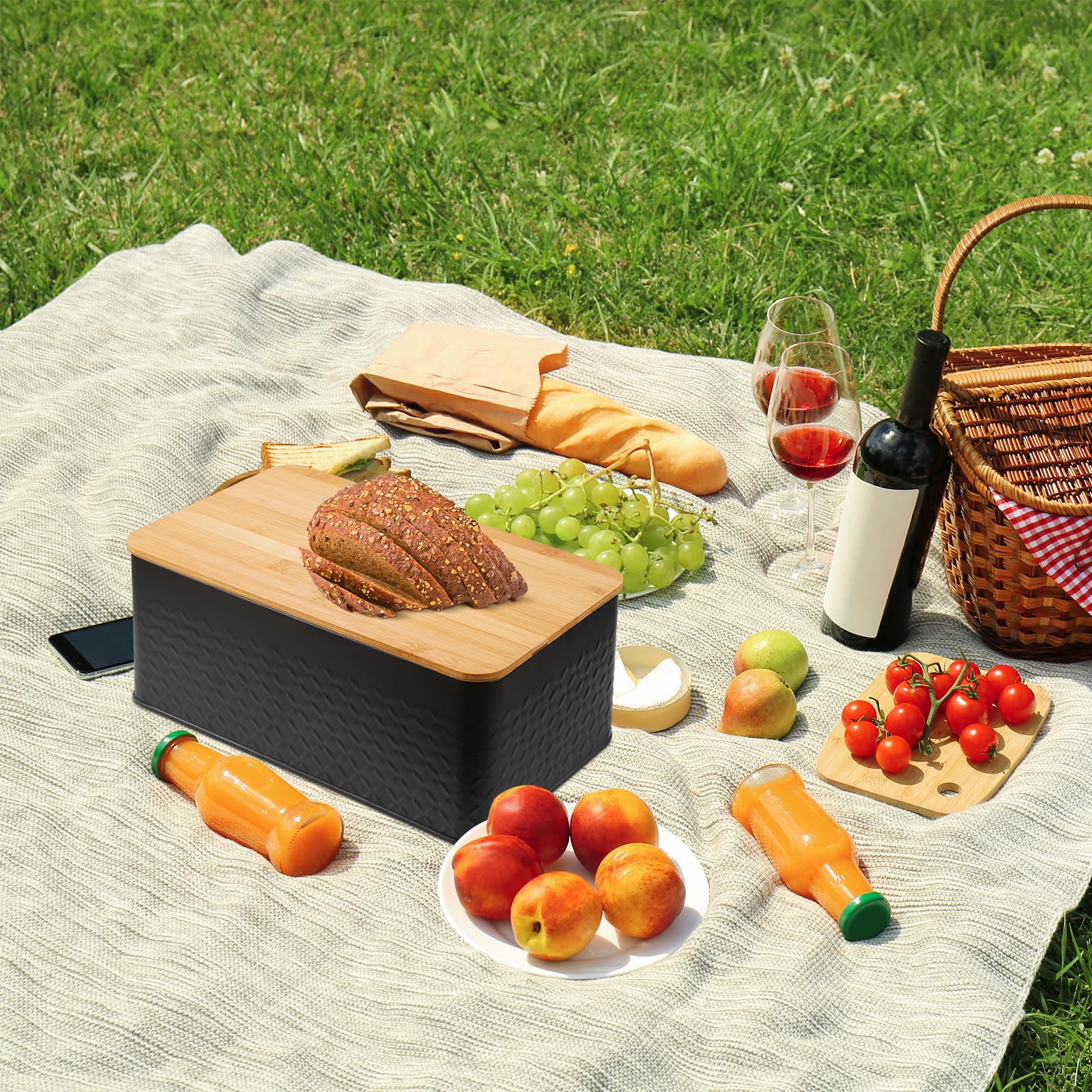 Pitmoly Bread Box, Metal Bread Container with Bamboo Lid, Bread Storage Container for Kitchen Countertop, Large Modern Bread Bin 13" x 7" x 5.3" (Black)