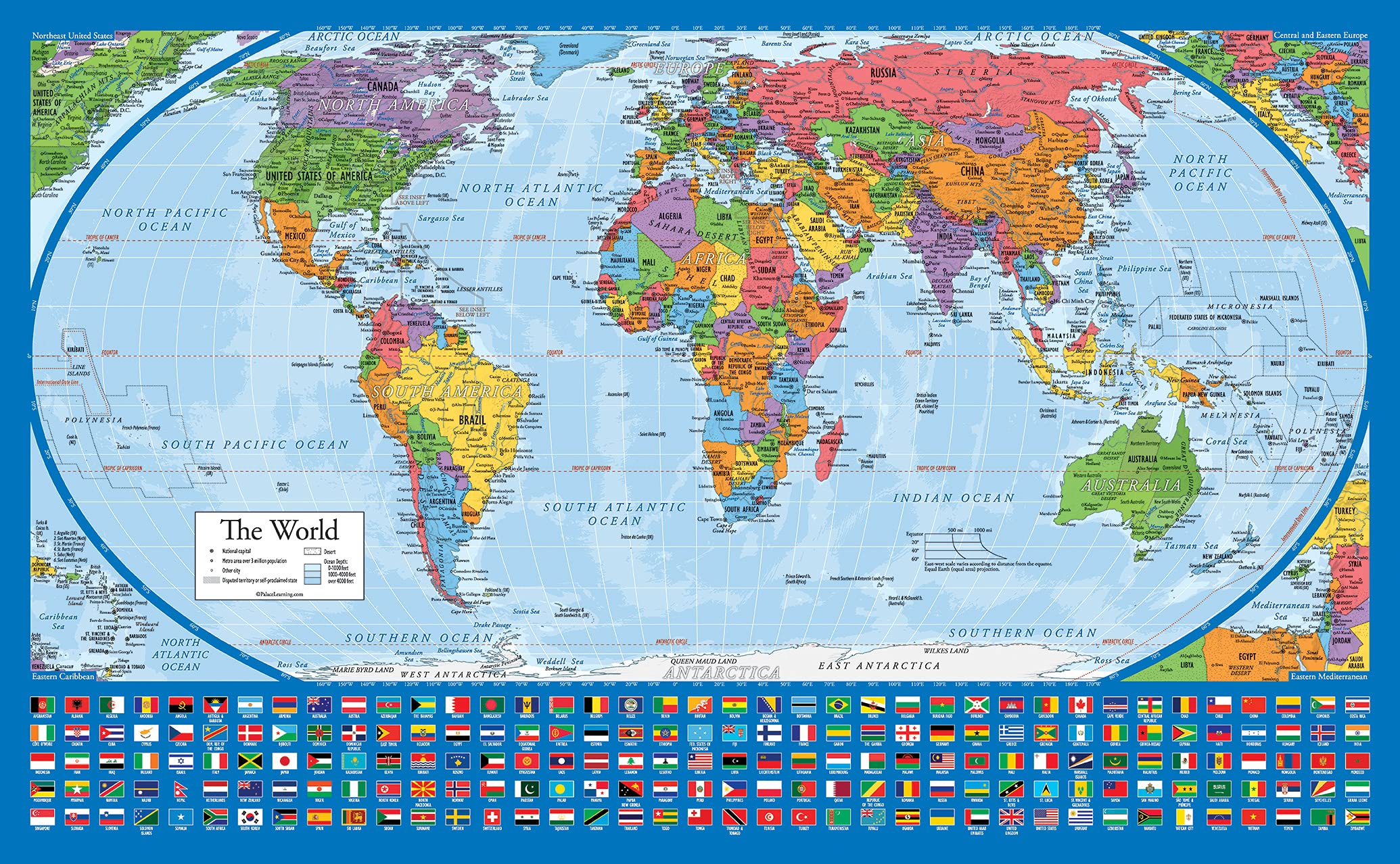 Equal Earth World Map Poster - map design shows continents at true relative size. (LAMINATED, 18” x 29”)