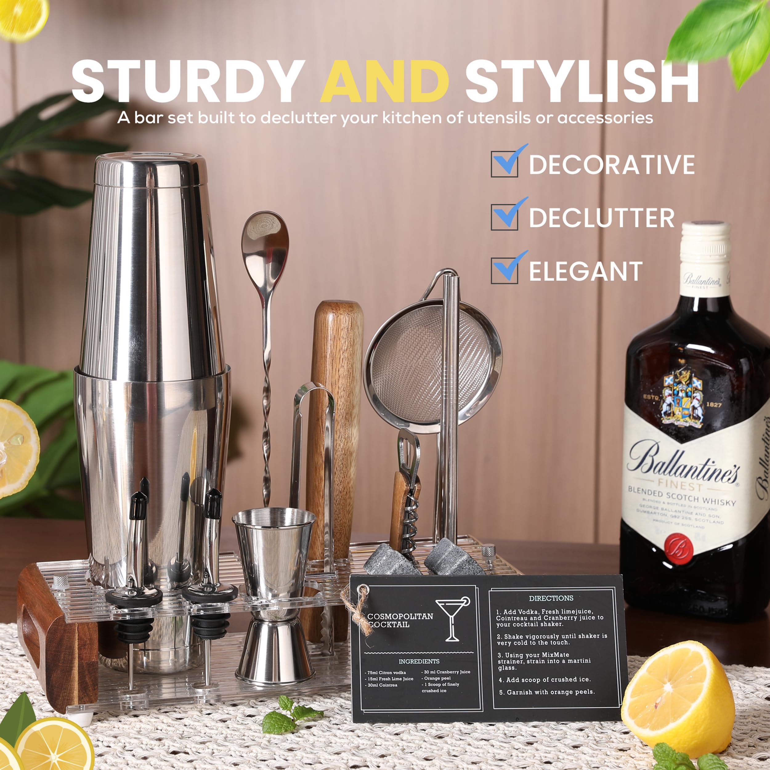 Mixology Bartender Kit with Wood Stand-18 Piece Bar Tool Set, Silver Bar Set Boston Shaker for Drink Mixing-Includes Boston Shaker, Jigger, Hawthorne Strainer, Mixer Spoon, Tongs, Opener|Gift Idea