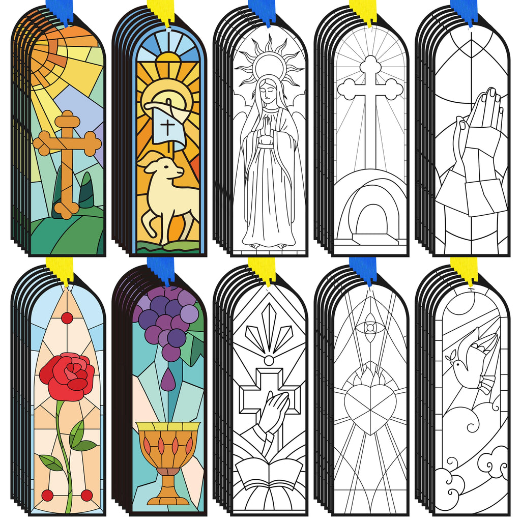100Pcs Easter He is Risen Color Your Own Bookmarks Double-Sided Stained Glass Style DIY Coloring Blank Bookmarks Religious Christian Sunday School Church Resurrection Cross DIY Crafts Gifts for Kids
