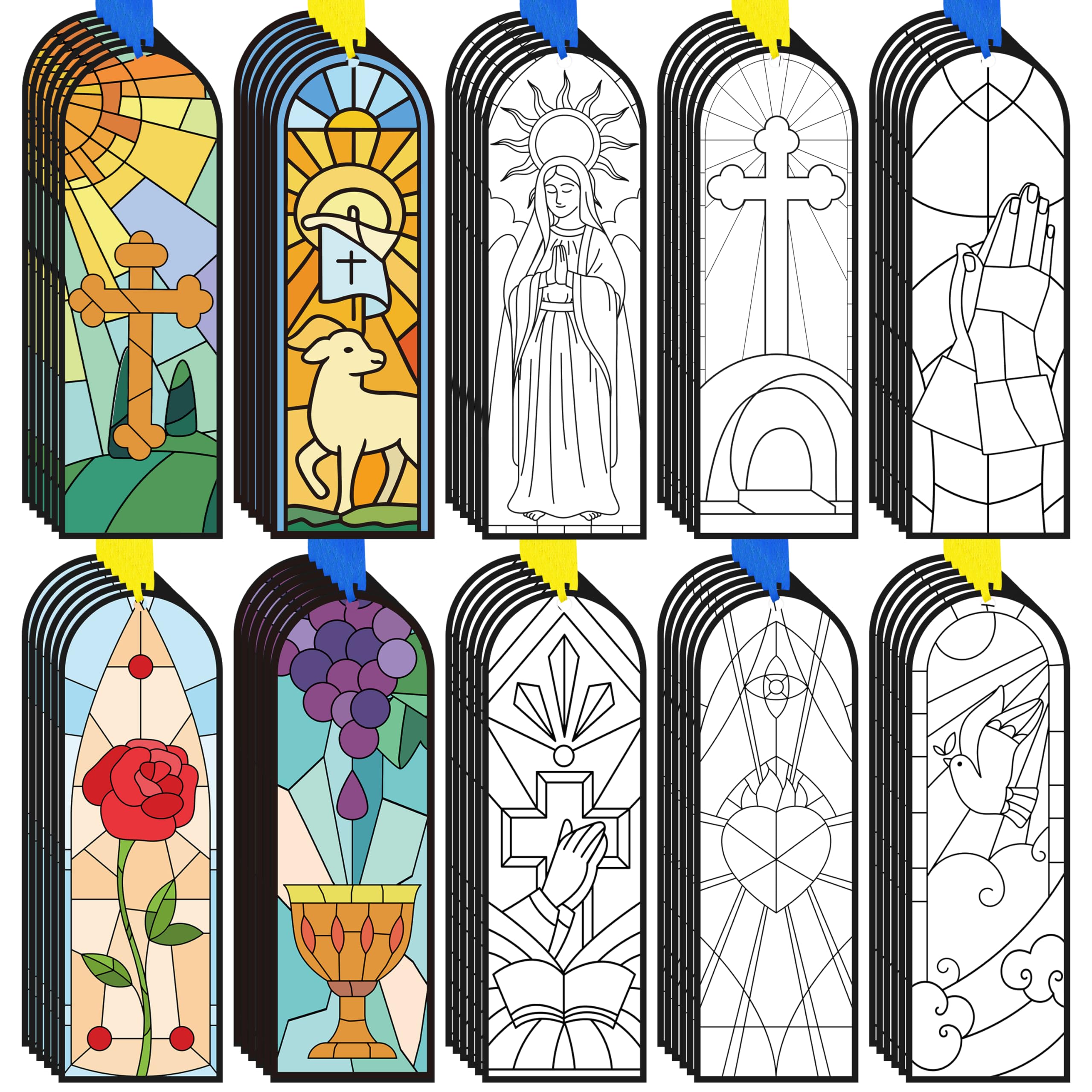 100Pcs Easter He is Risen Color Your Own Bookmarks Double-Sided Stained Glass Style DIY Coloring Blank Bookmarks Religious Christian Sunday School Church Resurrection Cross DIY Crafts Gifts for Kids