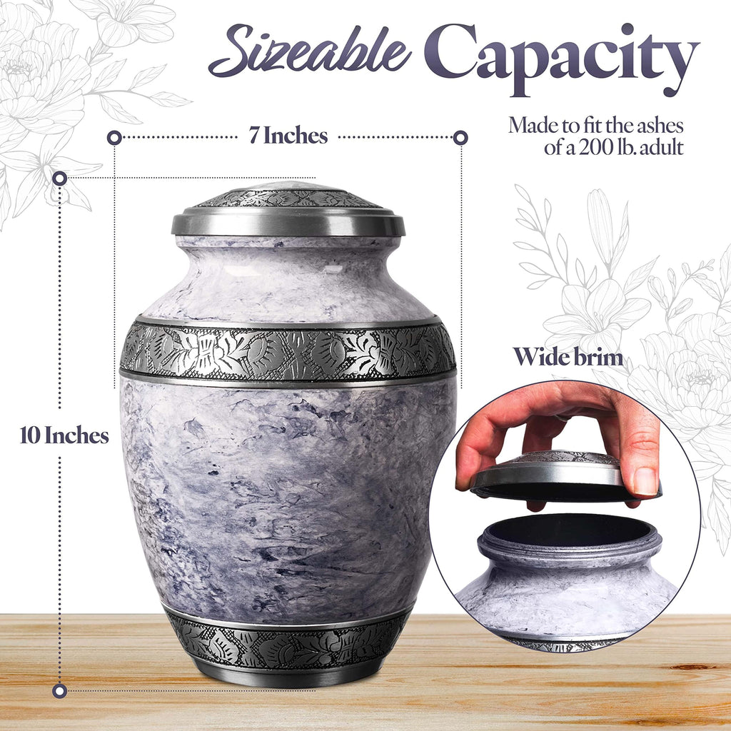 Cremation Urn for Adult Human Ashes - Large Handcrafted Funeral Memorial with Striking White (Pearl) Design (Aluminum - 10 Inch Height x 7 Inch Width)