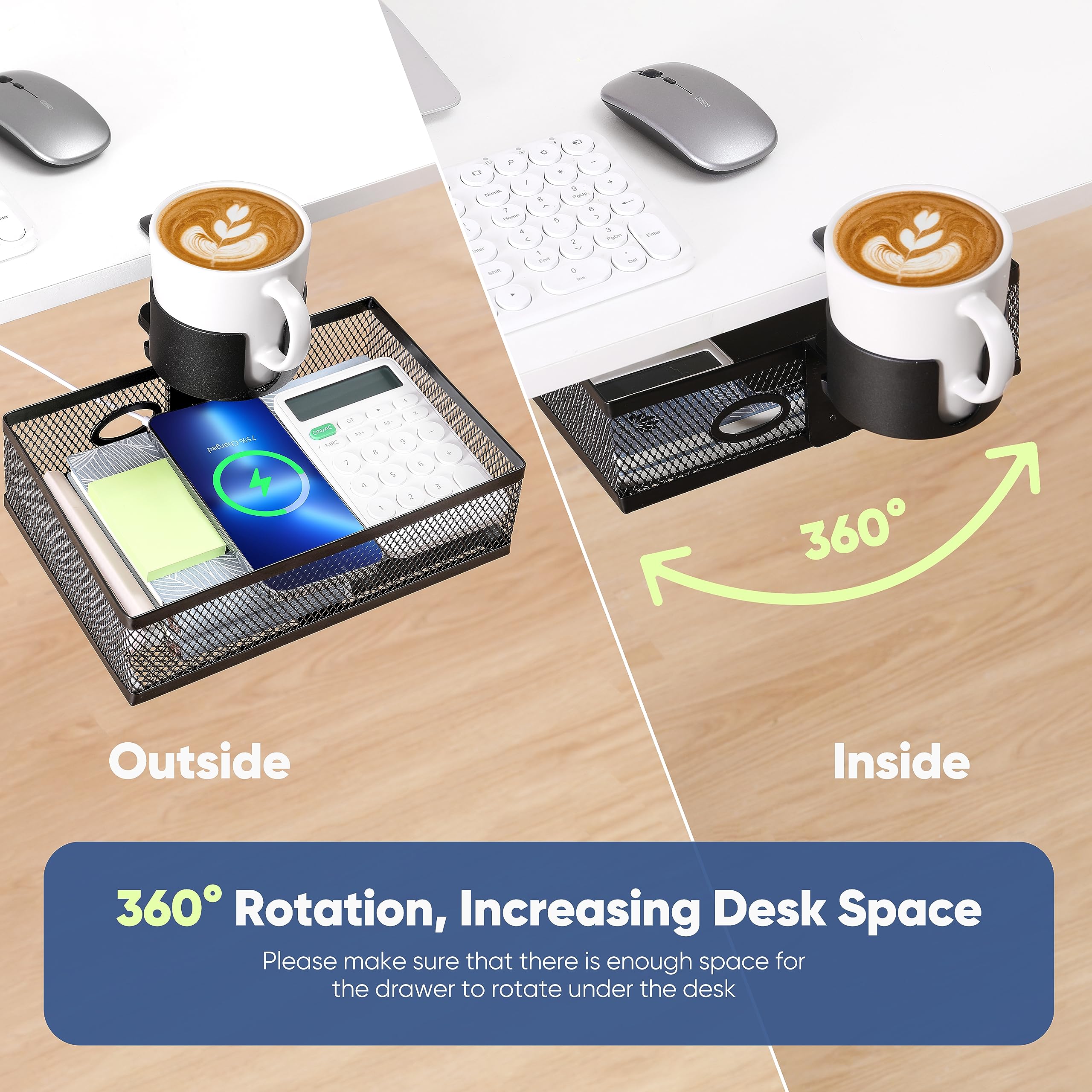 ROLIZOE 360 Rotating Under Desk Drawer Organizer Clamp On Desk Cup Holder No Drilling Swivel Pencil Drawer Under Shelf Storage Anti-slip Mesh Metal Under Table Storage Drawer Basket for Home Office