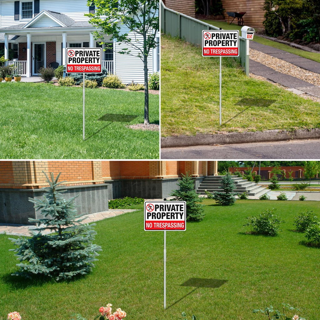 Faittoo No Trespassing Sign Private Property with 36" Stake for Outside, 14"x10" Rust Free Heavy Aluminum, Reflective, Fade Resistant, 2 pre-drilled holes, Includes Matching Screws & Wrench