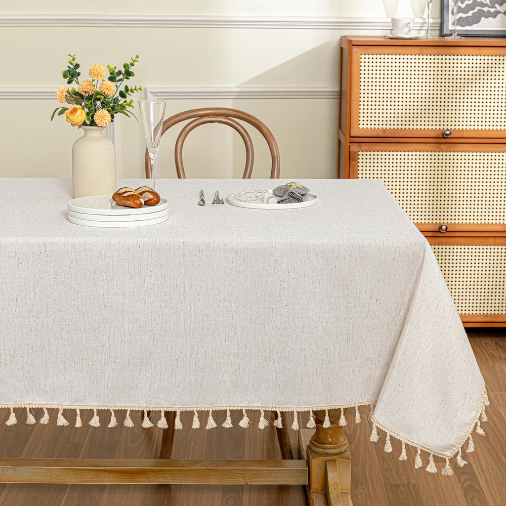 MYSKY HOME Faux Linen Table Cloth Nappe Table Rectangulaire 60x84 Inch, Boho Tablecloth Dustproof Table Cover for Kitchen Party Holiday Christmas Wedding Banquet, Beige with Beige Tassels