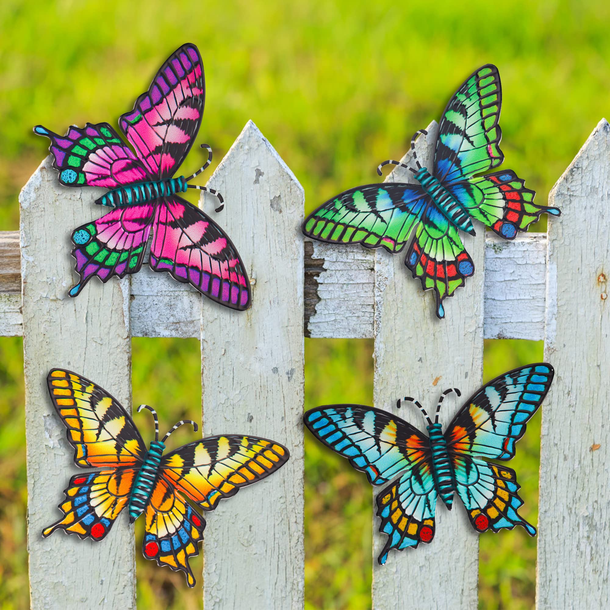 FUSOTO 4Pcs Metal Butterfly Wall Art, Large 3D Outdoor Decor Garden Decorations, Metal Butterfly Wall Decorations, Fence Decor Hanging Indoors and Outdoors for Home, Patio, Room