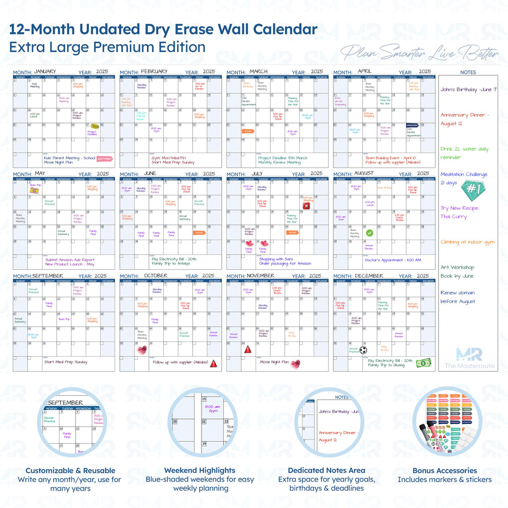 THE MASTERROUTE Large Dry Erase Wall Calendar – 147x94cm Reusable 12-Month Undated Wall Planner 2026 – Horizontal Layout with 2 Markers, 83 Stickers & Mounting Tapes for Home, Office or School