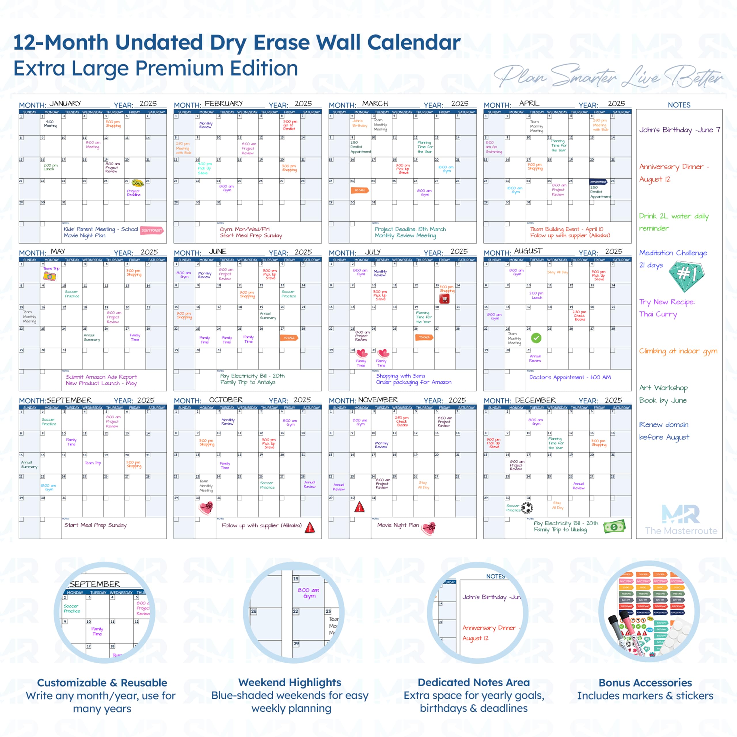 THE MASTERROUTE Large Dry Erase Wall Calendar – 147x94cm Reusable 12-Month Undated Wall Planner 2026 – Horizontal Layout with 2 Markers, 83 Stickers & Mounting Tapes for Home, Office or School