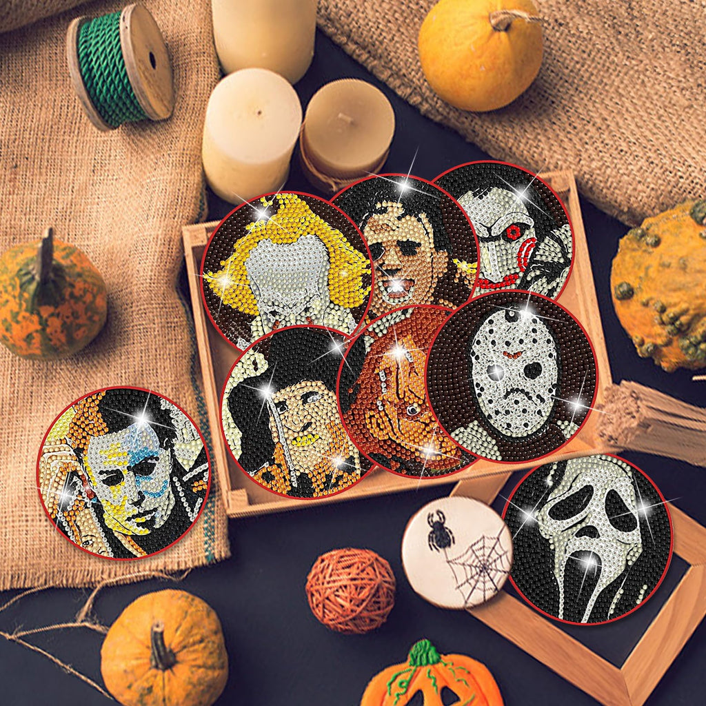Lukinuo 8pcs Diamond Painting Coasters Kit with Holder Cork Base DIY Halloween Coaster Diamond Art Kit Full Drill Rhinestone Painting Kits for Beginners Adults Kids Art Craft Halloween Supplies