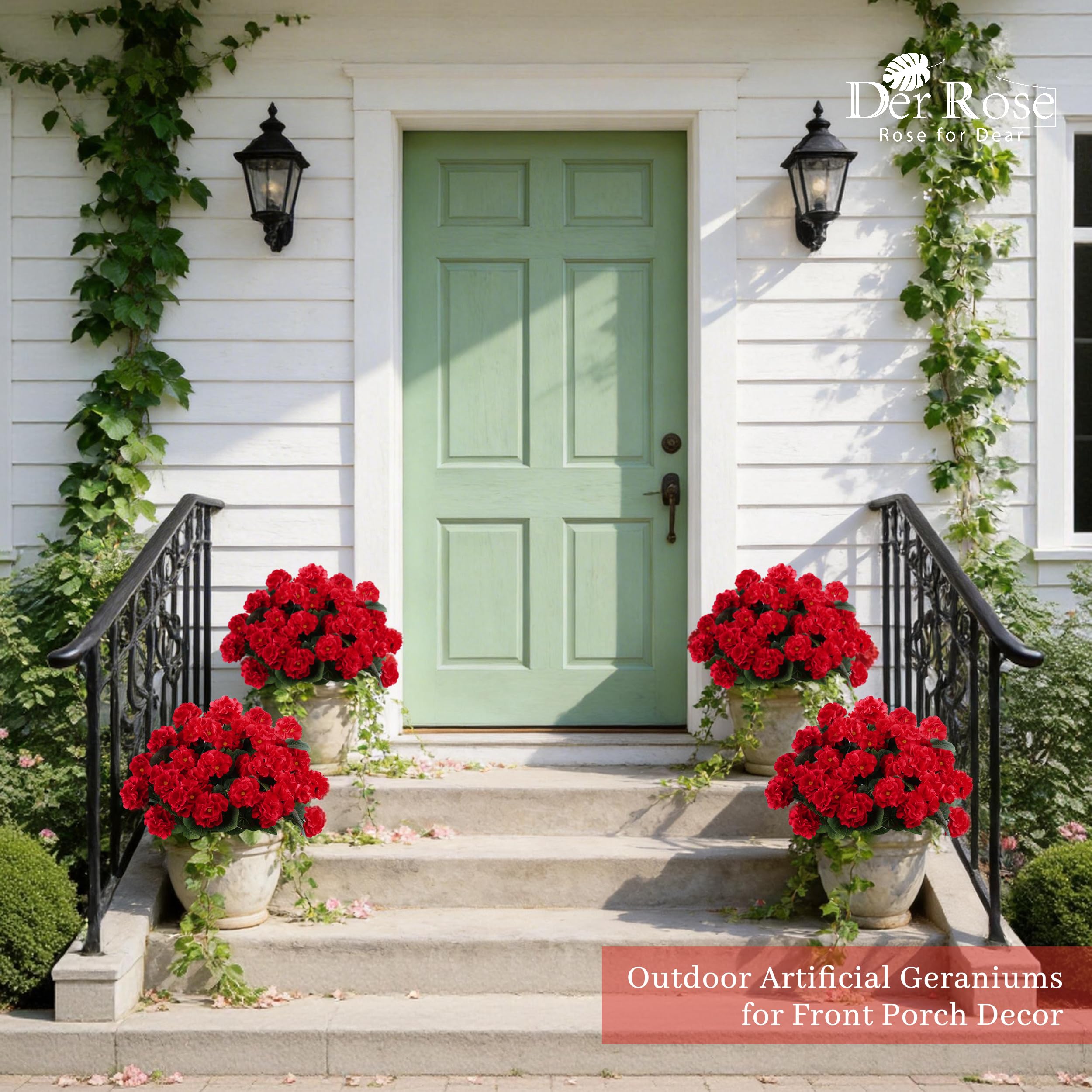 Der Rose 6 Pack Red Artificial Flowers Geraniums for Outdoors Fake Outdoor Flowers UV Resistant for Window Box Porch Patio Garden Decor